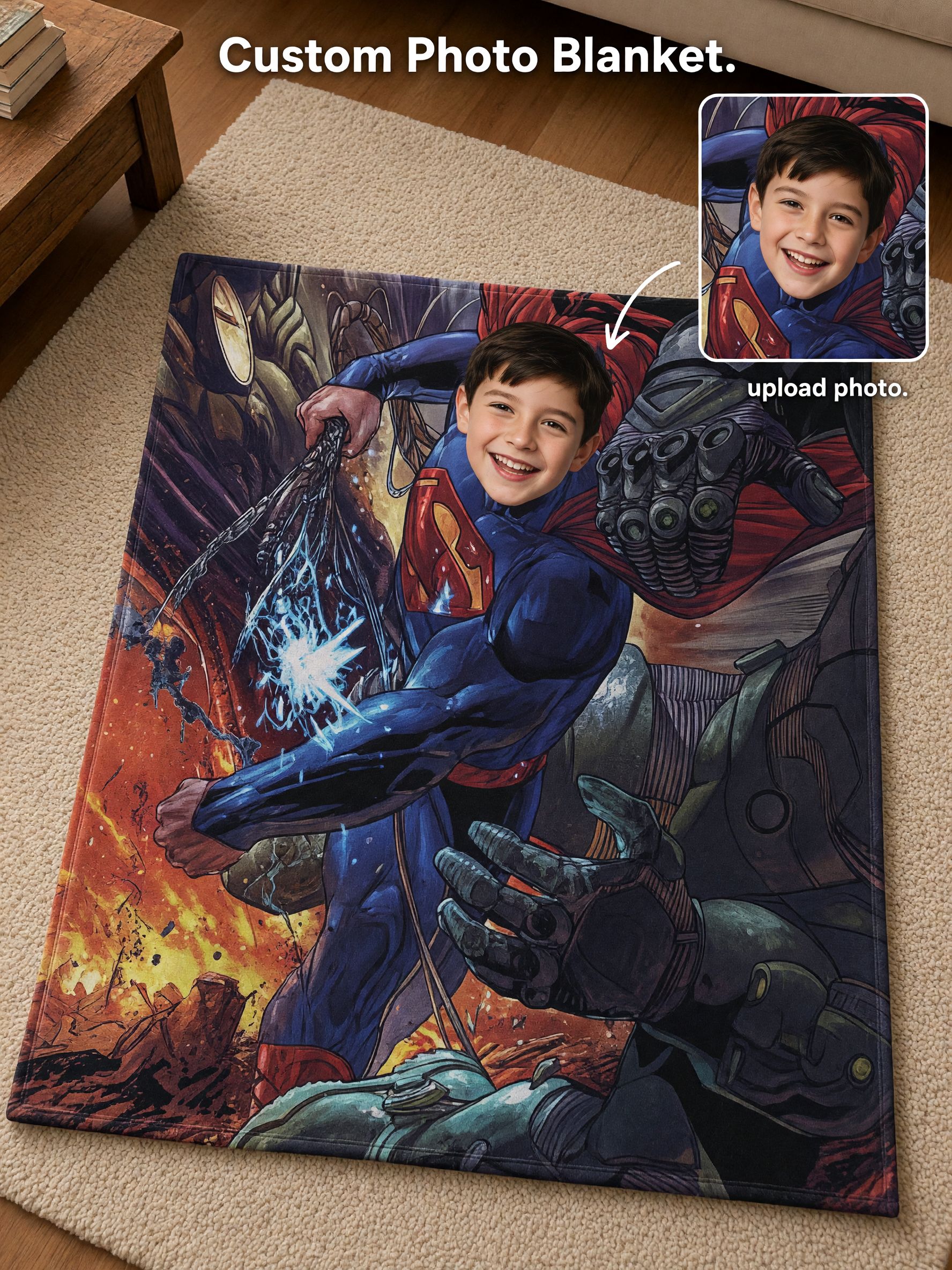 Custom Face Superhero Flannel Blanket, Personalized Comic Picture Plush Throw, Warm Keepsake Gift for Kids & Adults