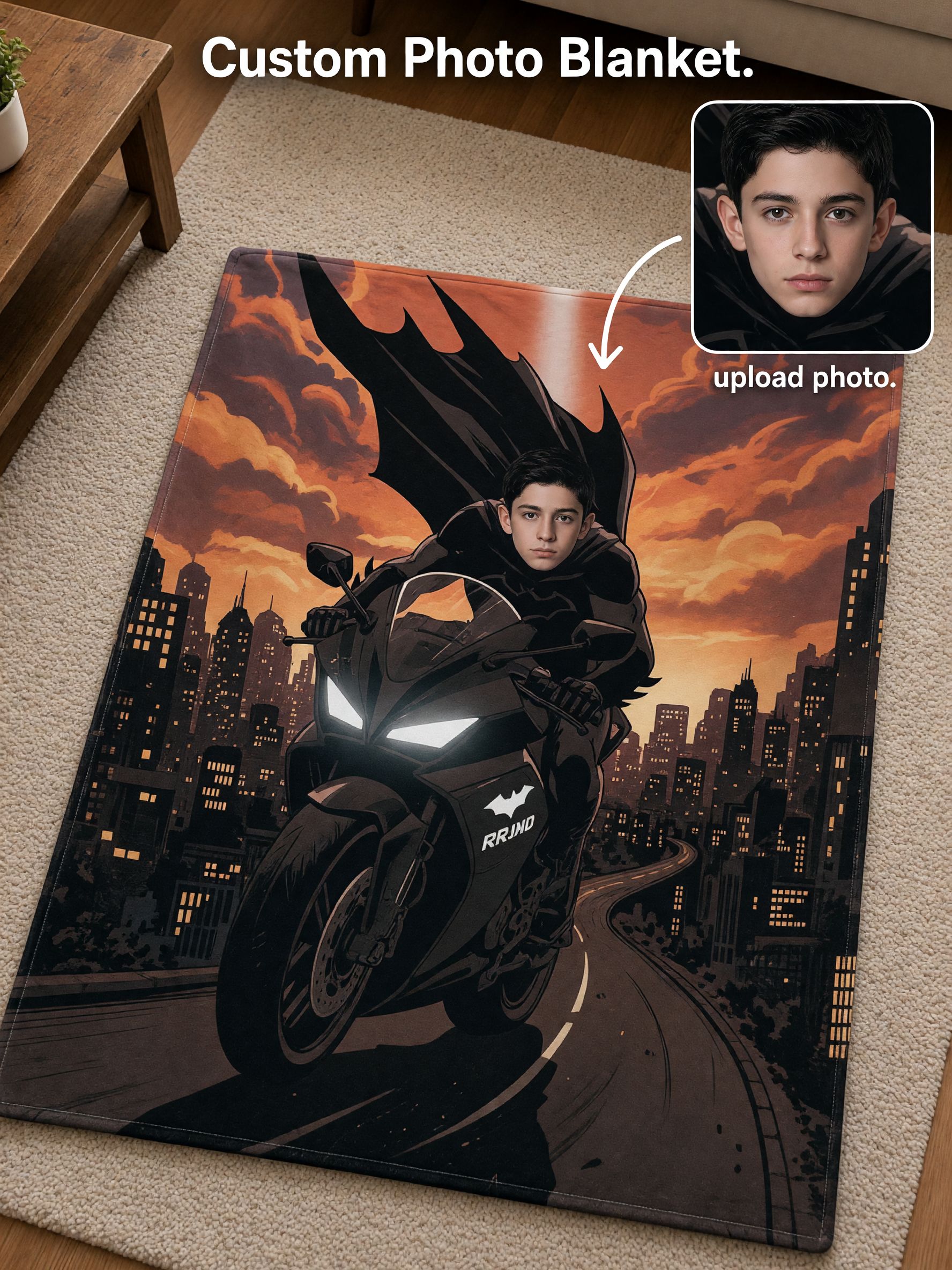 Custom Photo Face Superhero Motorcycle Flannel Blanket, Personalized Soft Plush Throw for Bed Couch and Travel Gift