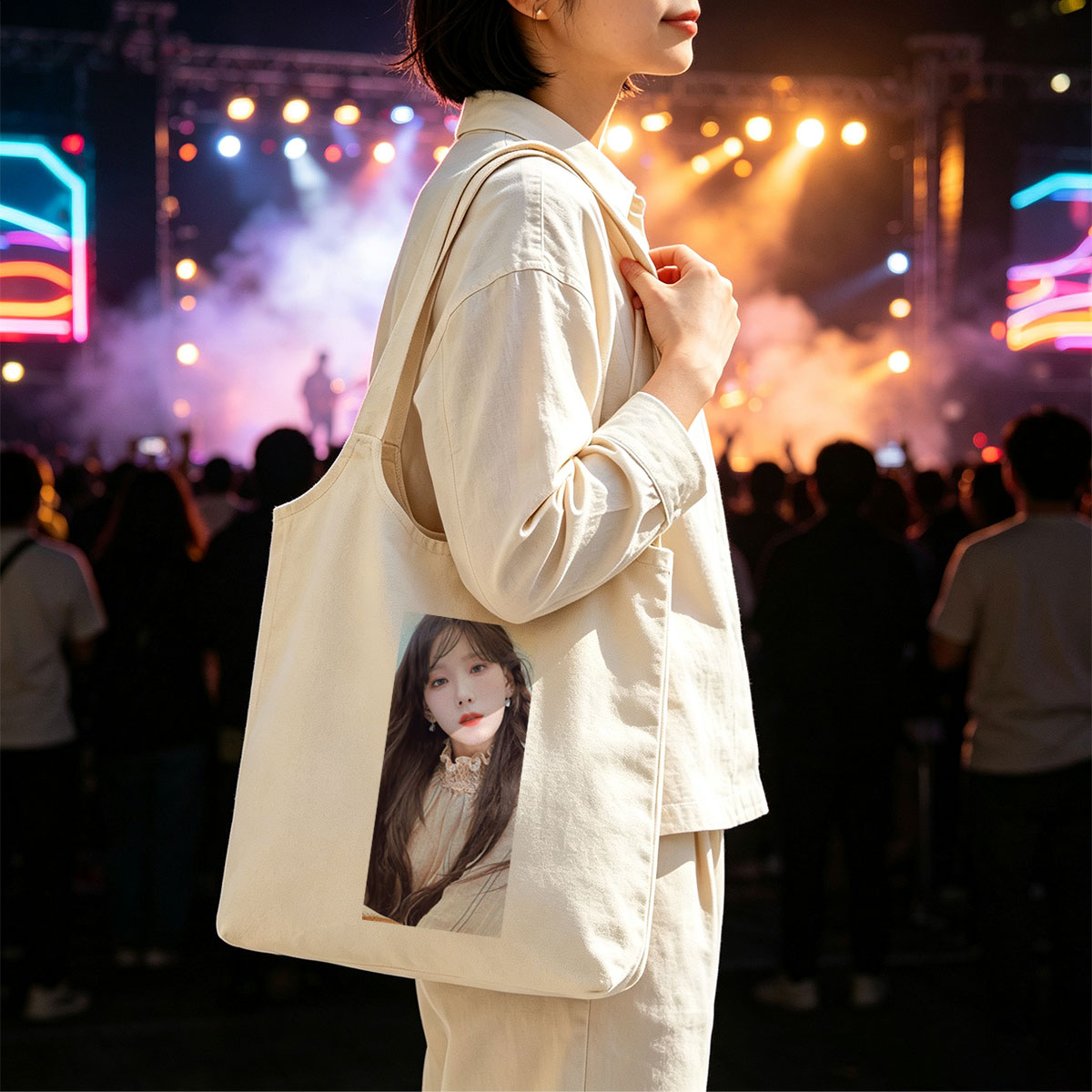 Taeyeon in a Soft Portrait with Long Hair and Delicate Earrings - Canvas shoulder bags/