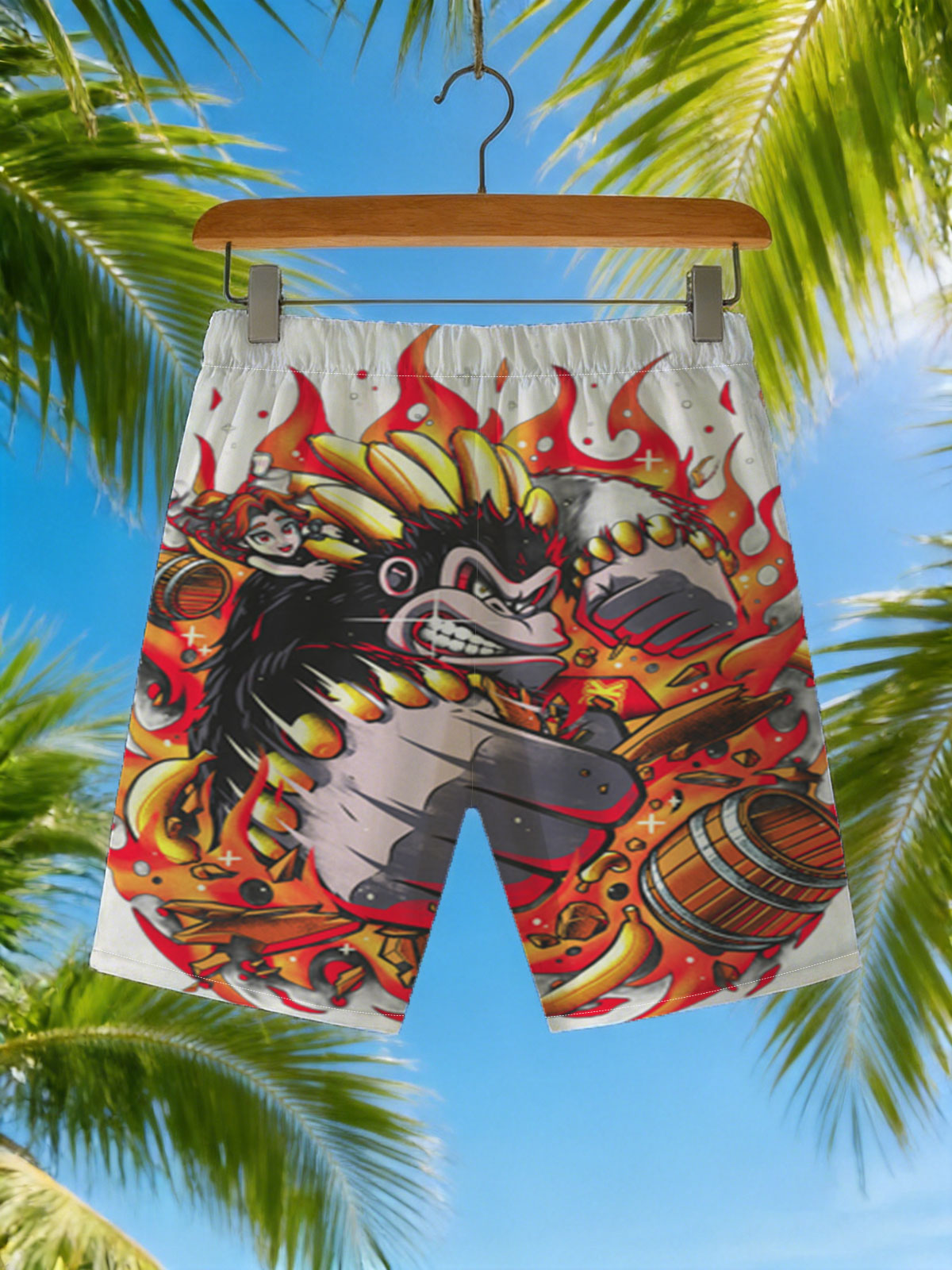 Donkey Kong and Diddy Kong in Fiery Action with Bananas and Barrels -  Beach shorts