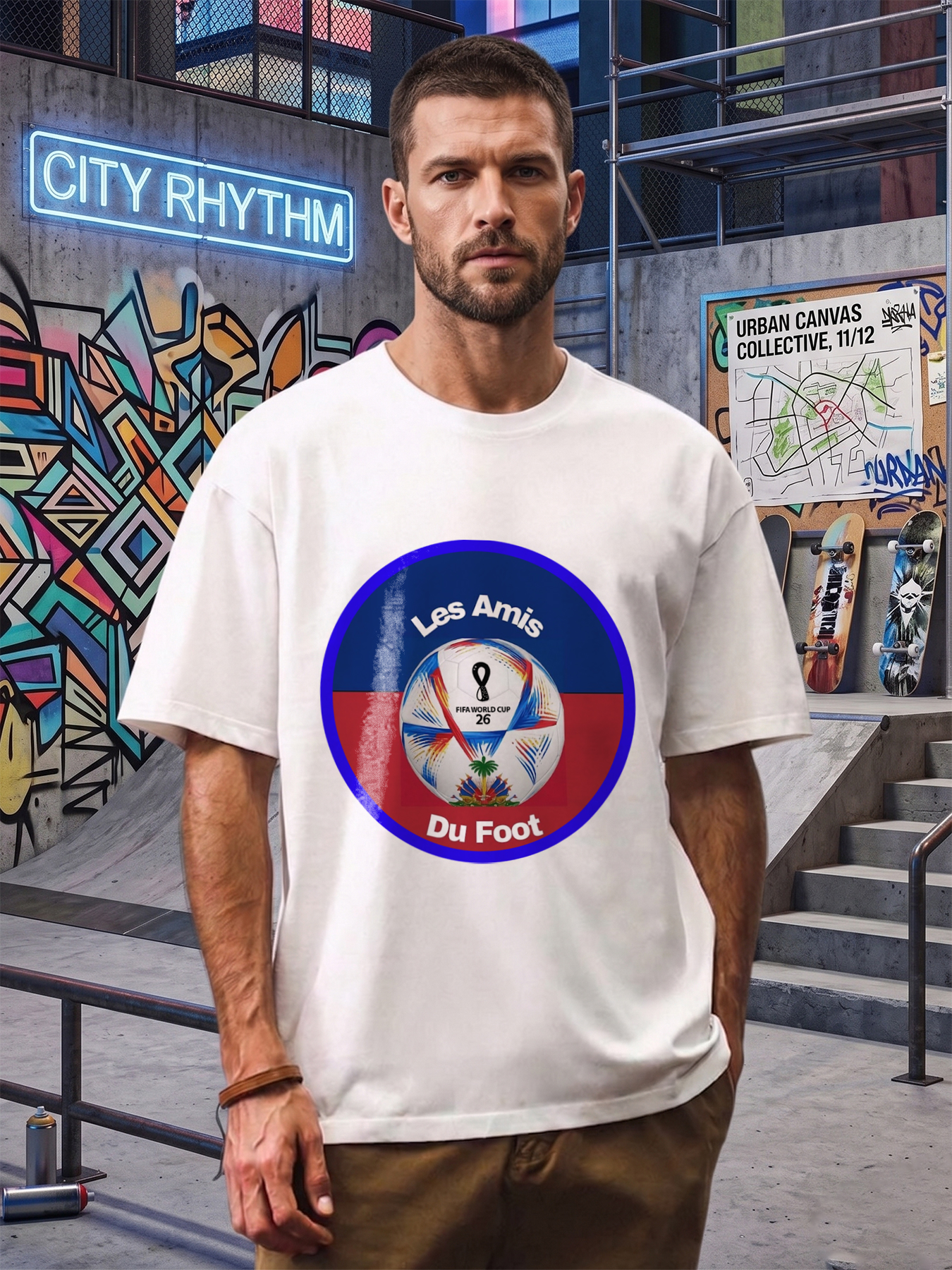 Men's Printed T-Shirt Les Amis Du Foot FIFA World Cup 26 Soccer Ball Design Casual Round Neck Lightweight Breathable Summer Short Sleeve Tee for Football Fans and Sports Enthusiasts