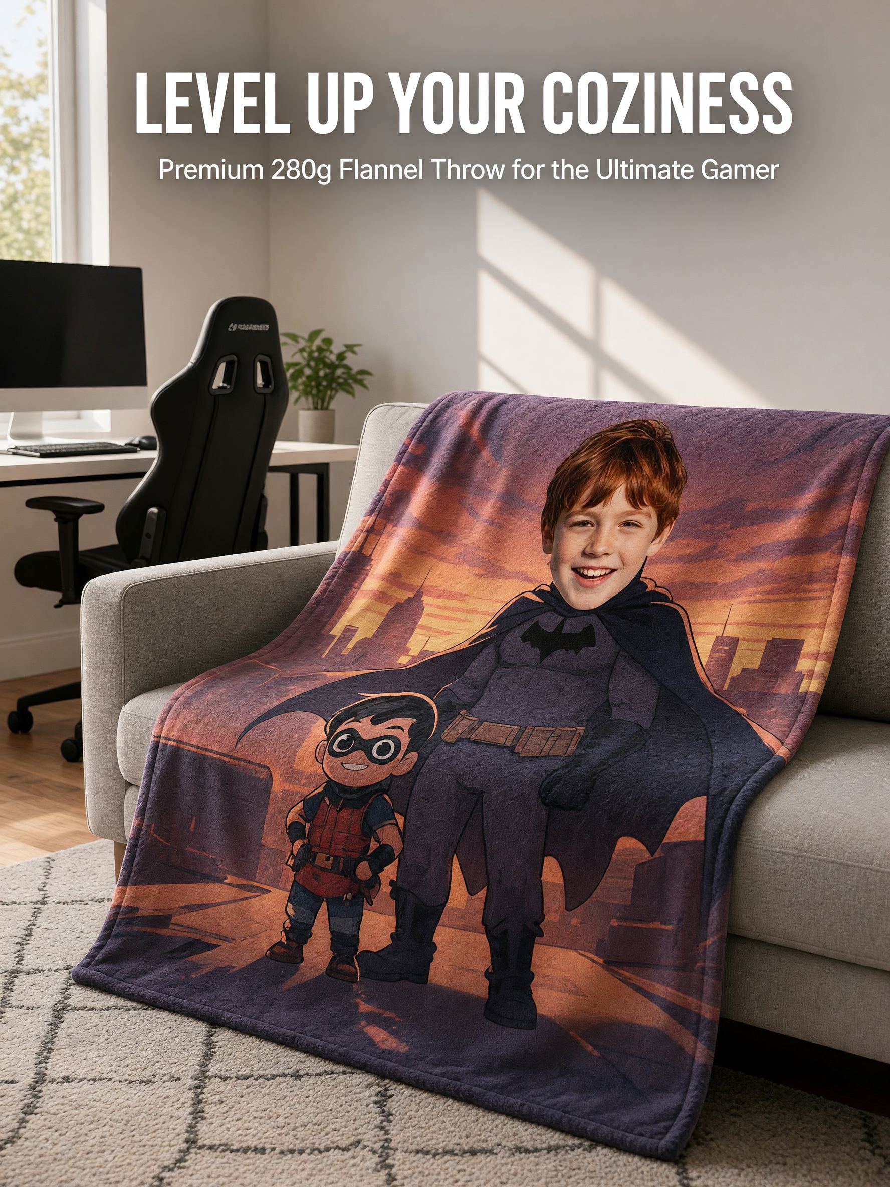Custom Face Superhero Flannel Fleece Blanket, Ultra Soft Personalized Photo Throw, Ideal Cozy Gift for Kids and Family