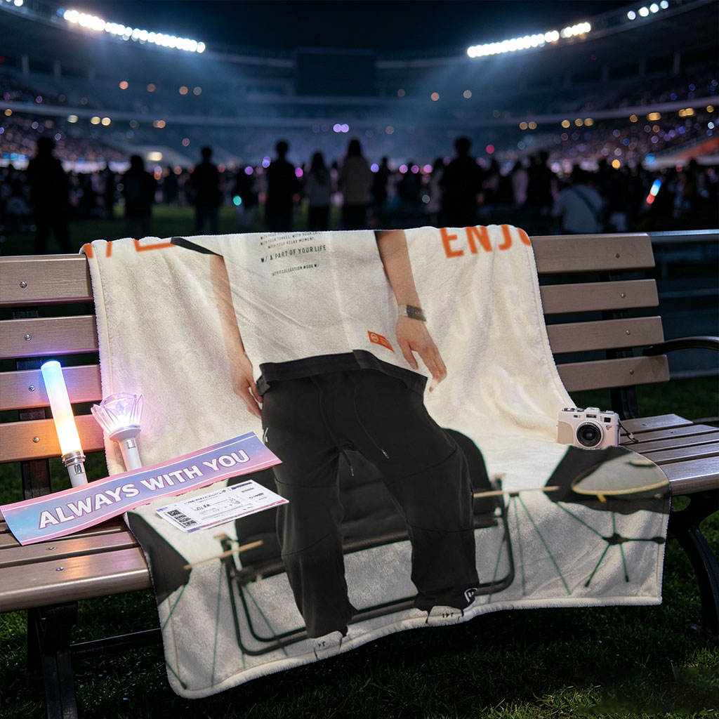 Jinwoo Park in Fashion Show - Wearing White Graphic Tee and Black Cargo Pants with Sneakers - Blankets
