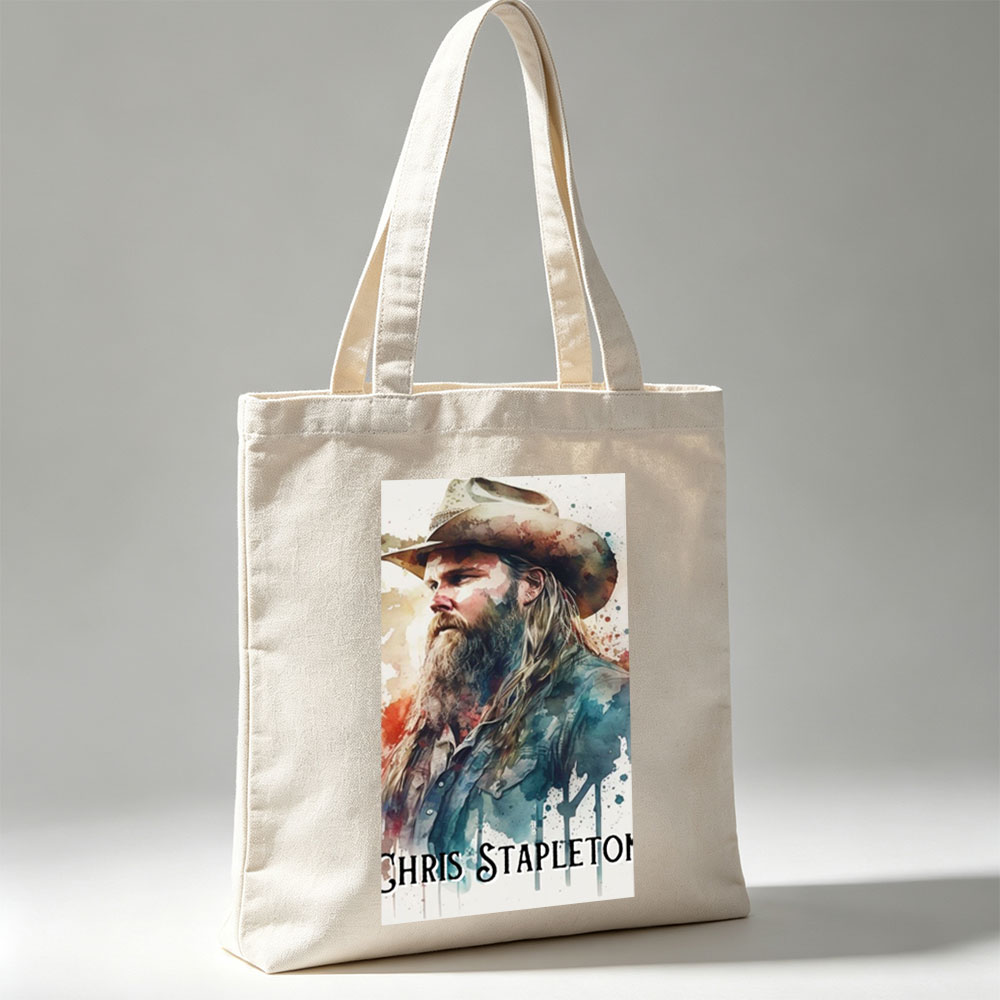 Chris Stapleton in a Watercolor Portrait with Cowboy Hat and Long Beard - Canvas tote bags