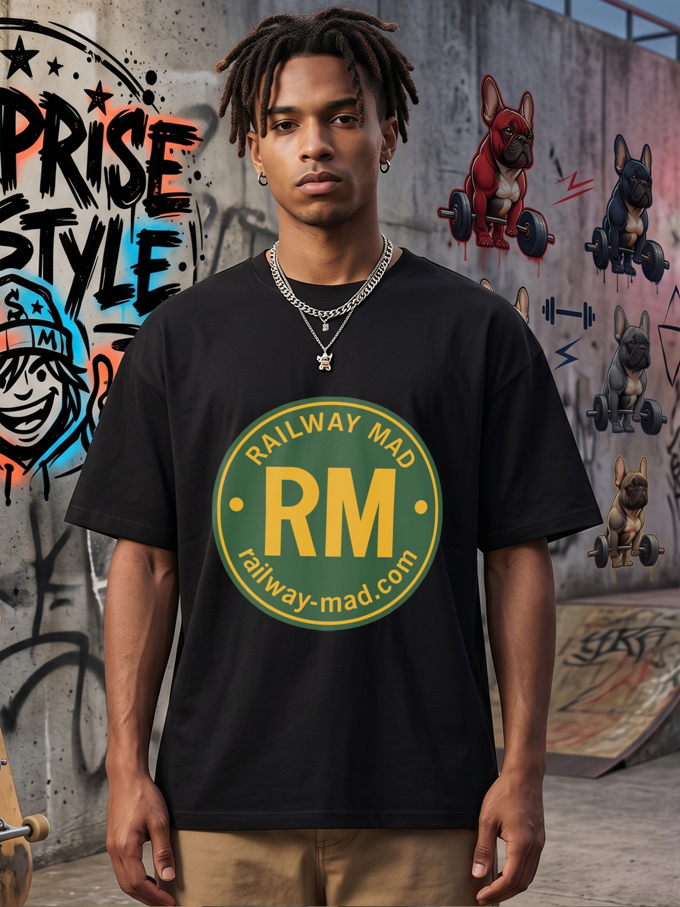 Men's Railway Mad RM Logo Print T-Shirt Casual Round Neck Summer Lightweight Breathable Short Sleeve Tee for Train Enthusiasts and Rail Fans