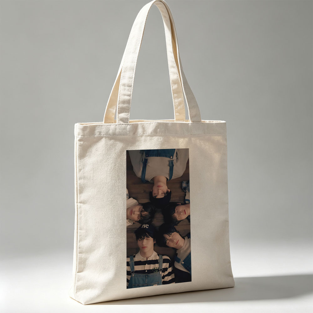 TXT Members Lying in a Circle on Wooden Floor Wearing Overalls and Casual Outfits - Canvas tote bags