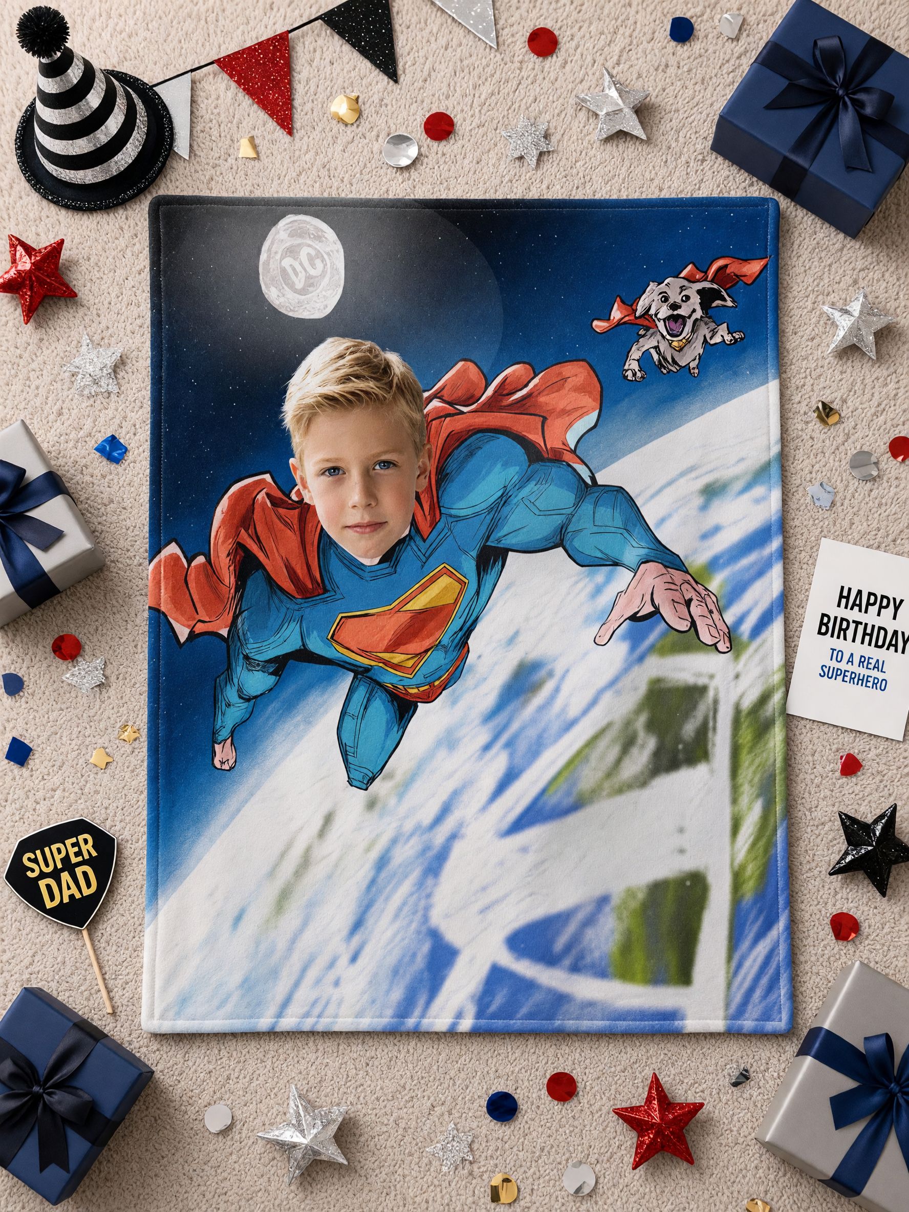 Custom Photo Superhero Flannel Fleece Throw Blanket Personalized Face Portrait Flying Hero Graphic Print Soft