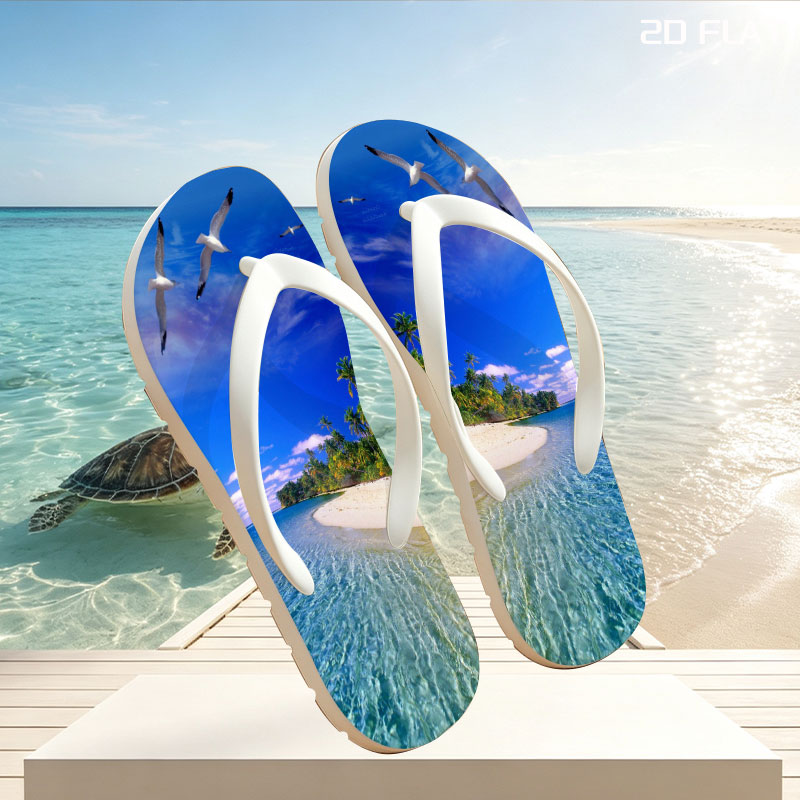 Seagulls soar over a pristine tropical beach with crystal-clear waters and palm trees under a vibrant blue sky. -  flip-flops