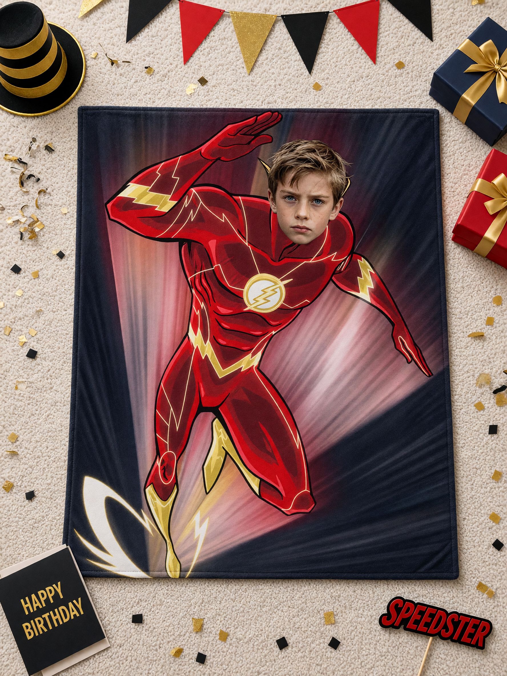 Custom Face Superhero Flannel Fleece Blanket, Personalized Photo Throw for Kids, Skin-Friendly Cozy Keepsake Gift