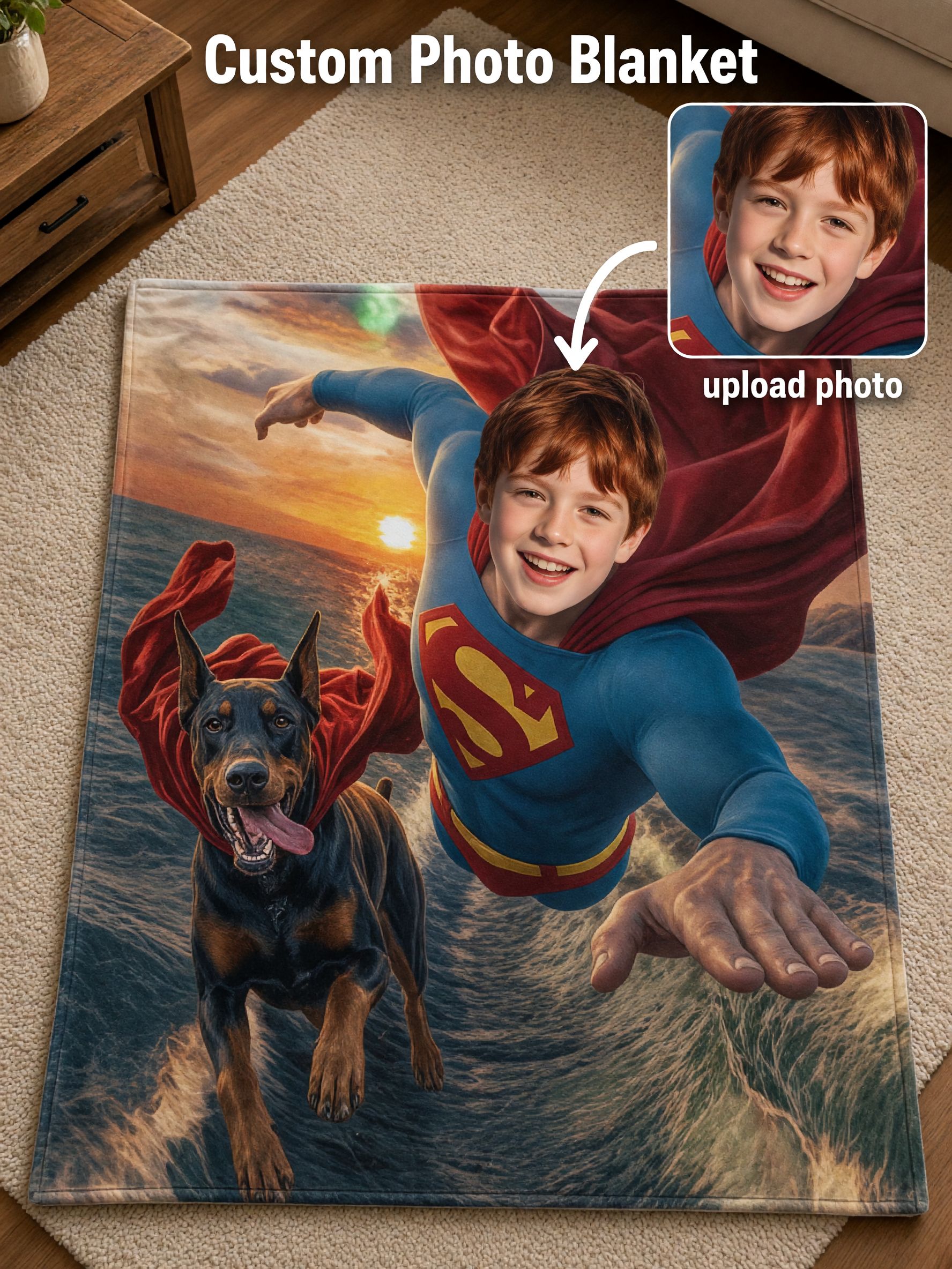 Custom Photo Face Blanket Personalized Superhero Flying Theme Soft Flannel Fleece Throw Keepsake Gift for Kids and