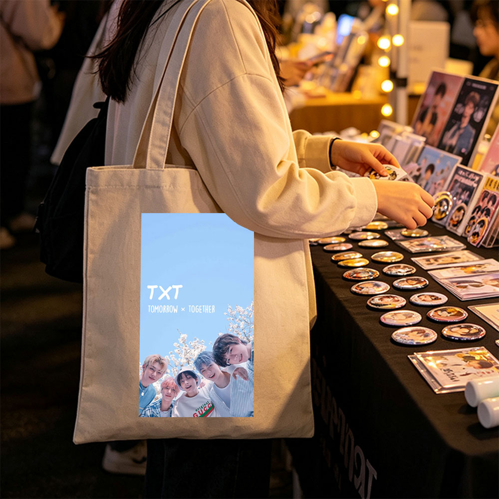 TXT Tomorrow x Together Members in a Spring Cherry Blossom Scene Under a Clear Blue Sky - Canvas tote bags