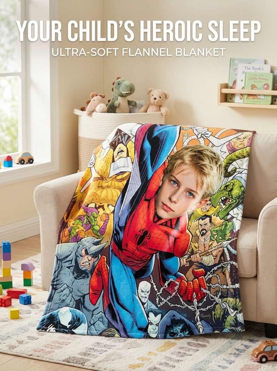 Custom Face Superhero Comic Flannel Blanket Personalized Photo Throw for Kids Ultra Soft Anti-Pilling Cozy Warm Gift
