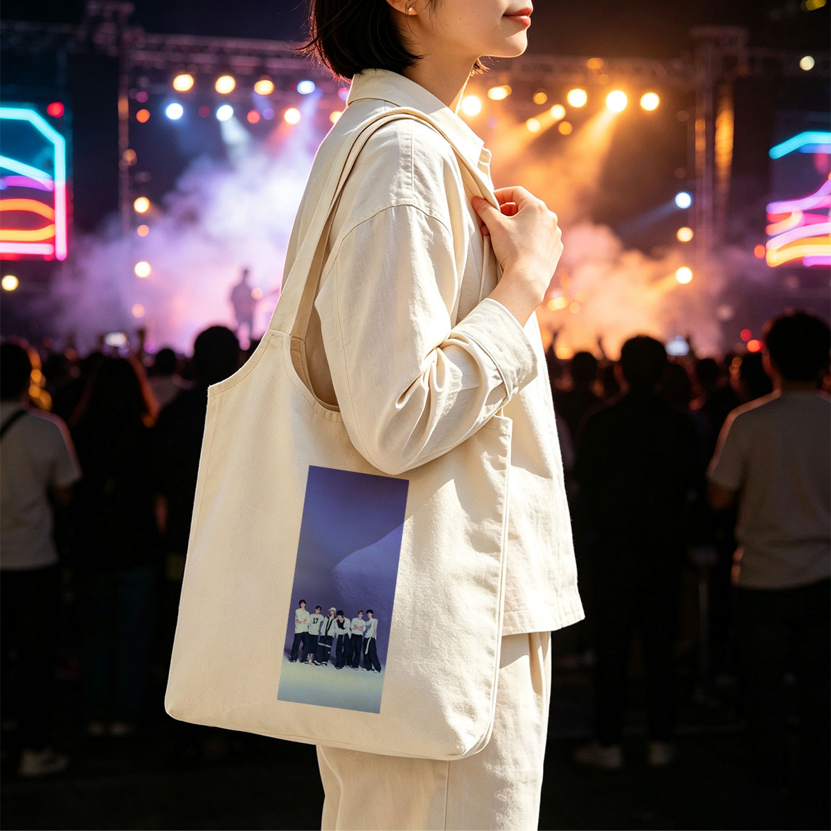 ENHYPEN Group Photo in Stylish White and Black Outfits Against a Purple Gradient Background - Canvas shoulder bags/