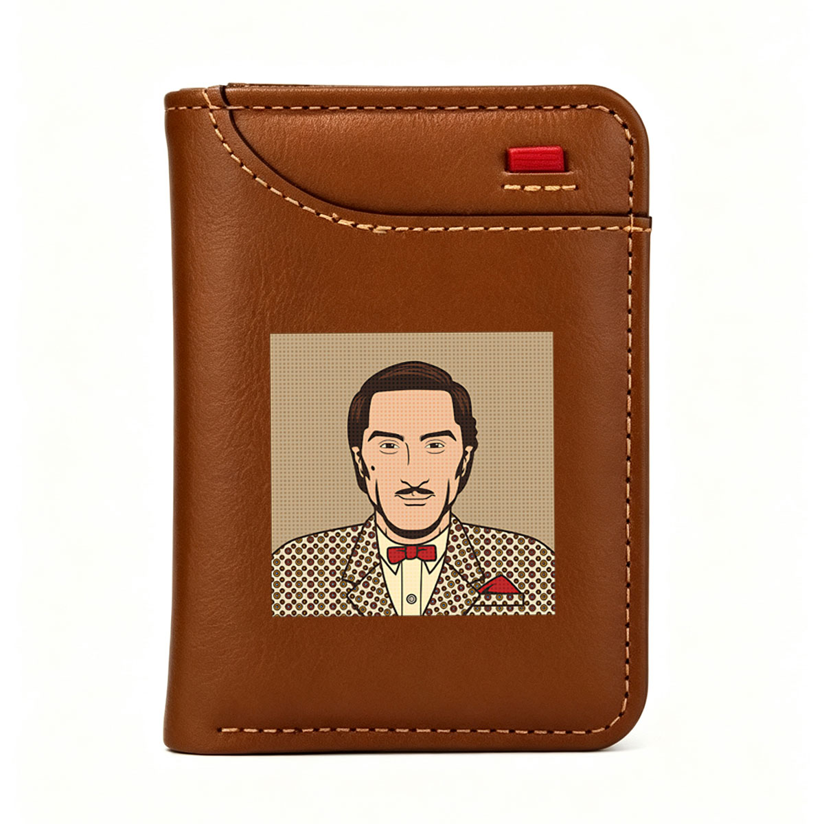 Dapper Gentleman in Patterned Suit and Red Bow Tie - Vertical Style Wallet