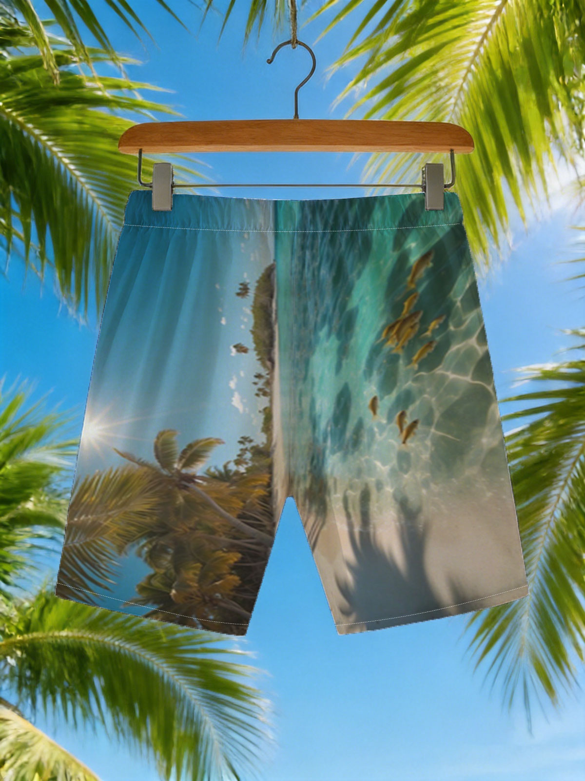 Tropical Beach with Palm Trees and Clear Water -  Beach shorts