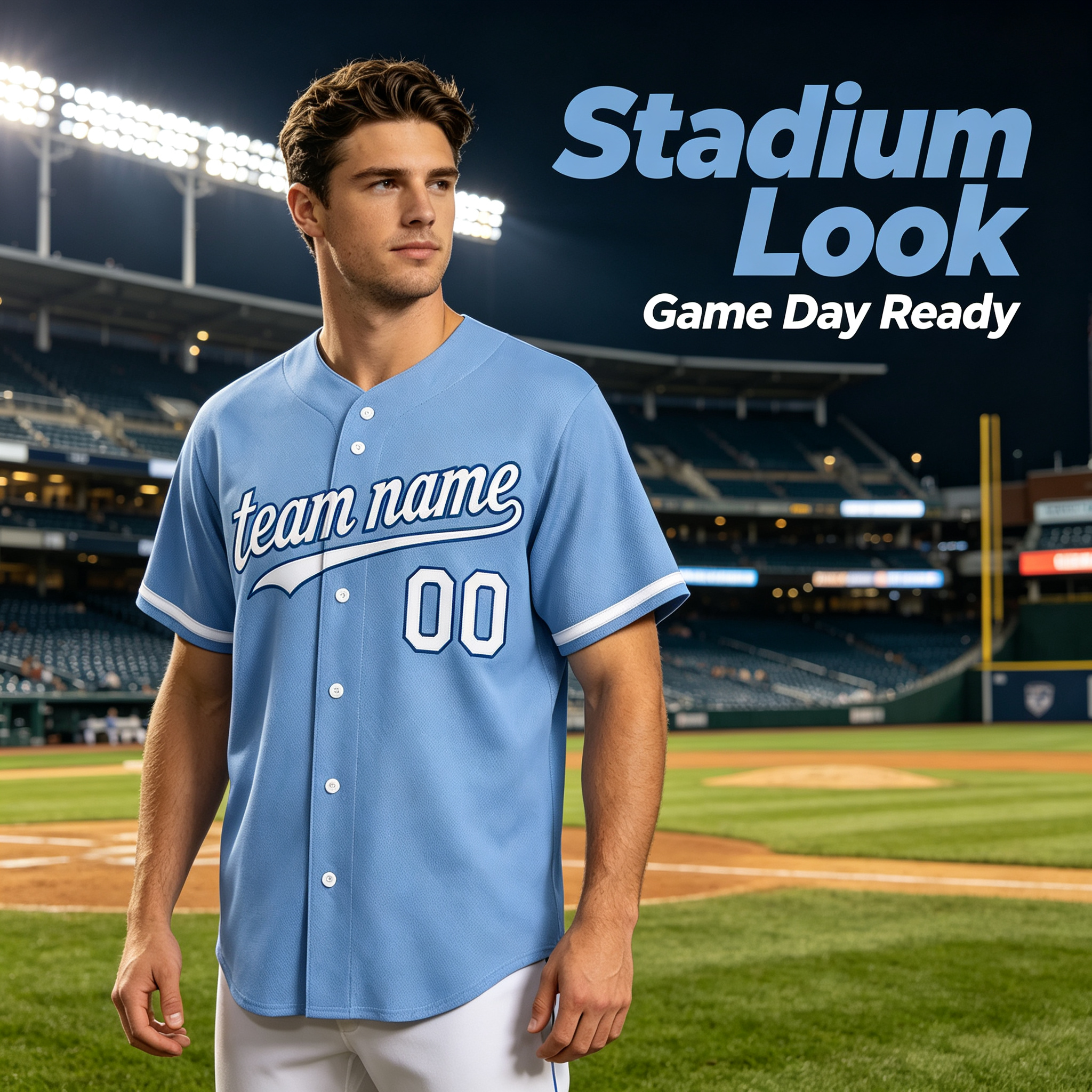 Custom Printed Kansas City Script Style Baseball Jersey Powder Blue White Trim Button Down Shirt for Men and Women