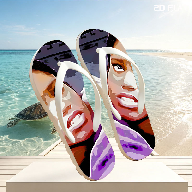 Woman with Braids and Hoop Earrings in Striped Shirt, Man in Purple Shirt with Tattooed Back -  flip-flops