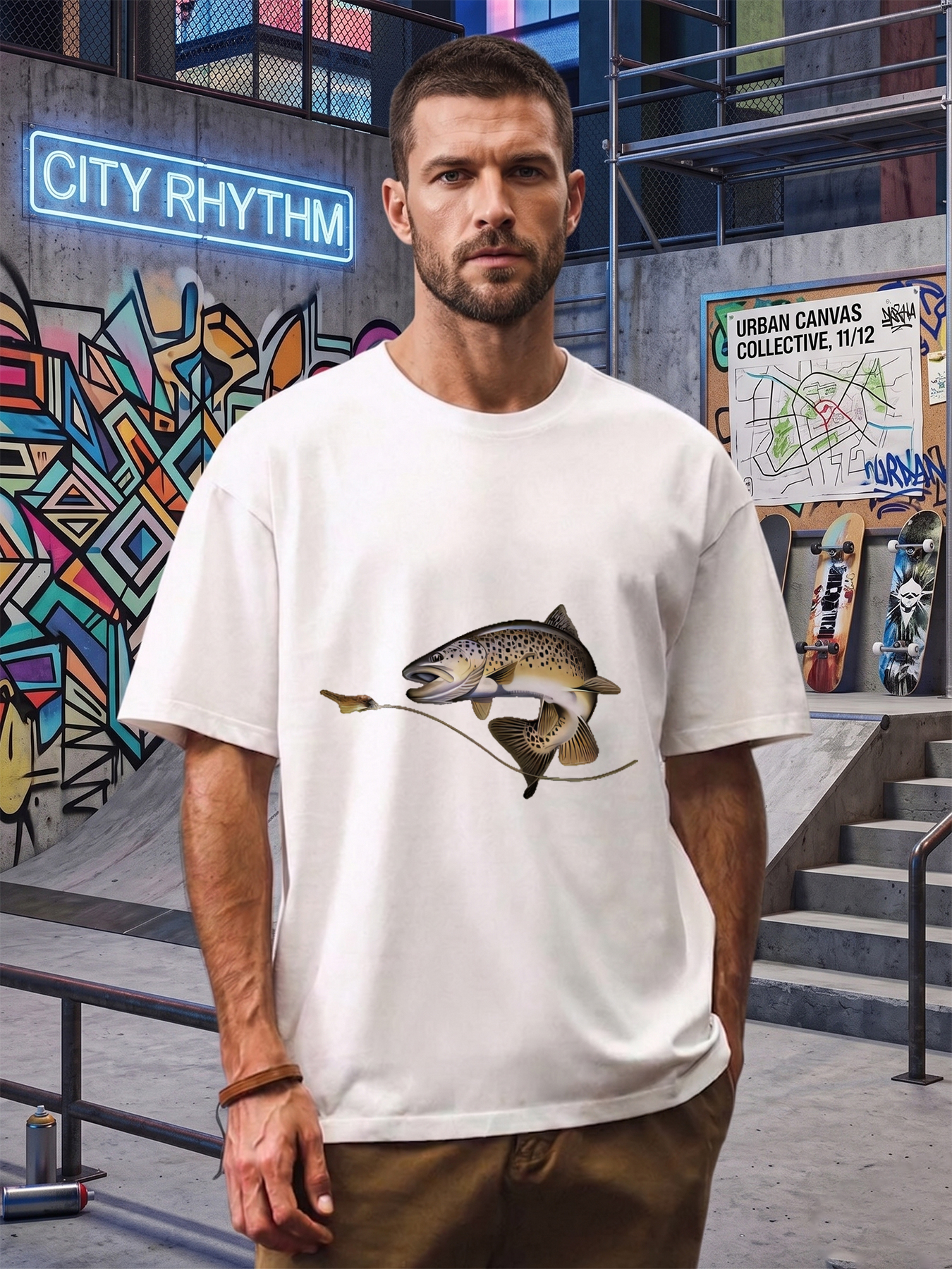 Men's Printed T-Shirt Brown Trout Fishing Design Casual Round Neck Summer Lightweight Breathable Short Sleeve T-Shirt for Outdoor Enthusiasts and Fishing Lovers