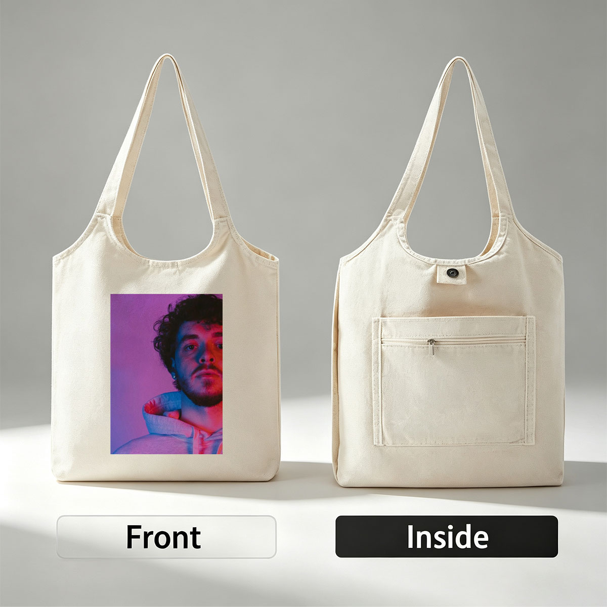 Jack Harlow in a Neon Glow Portrait Wearing a Hoodie with Purple and Pink Lighting - Canvas shoulder bags/