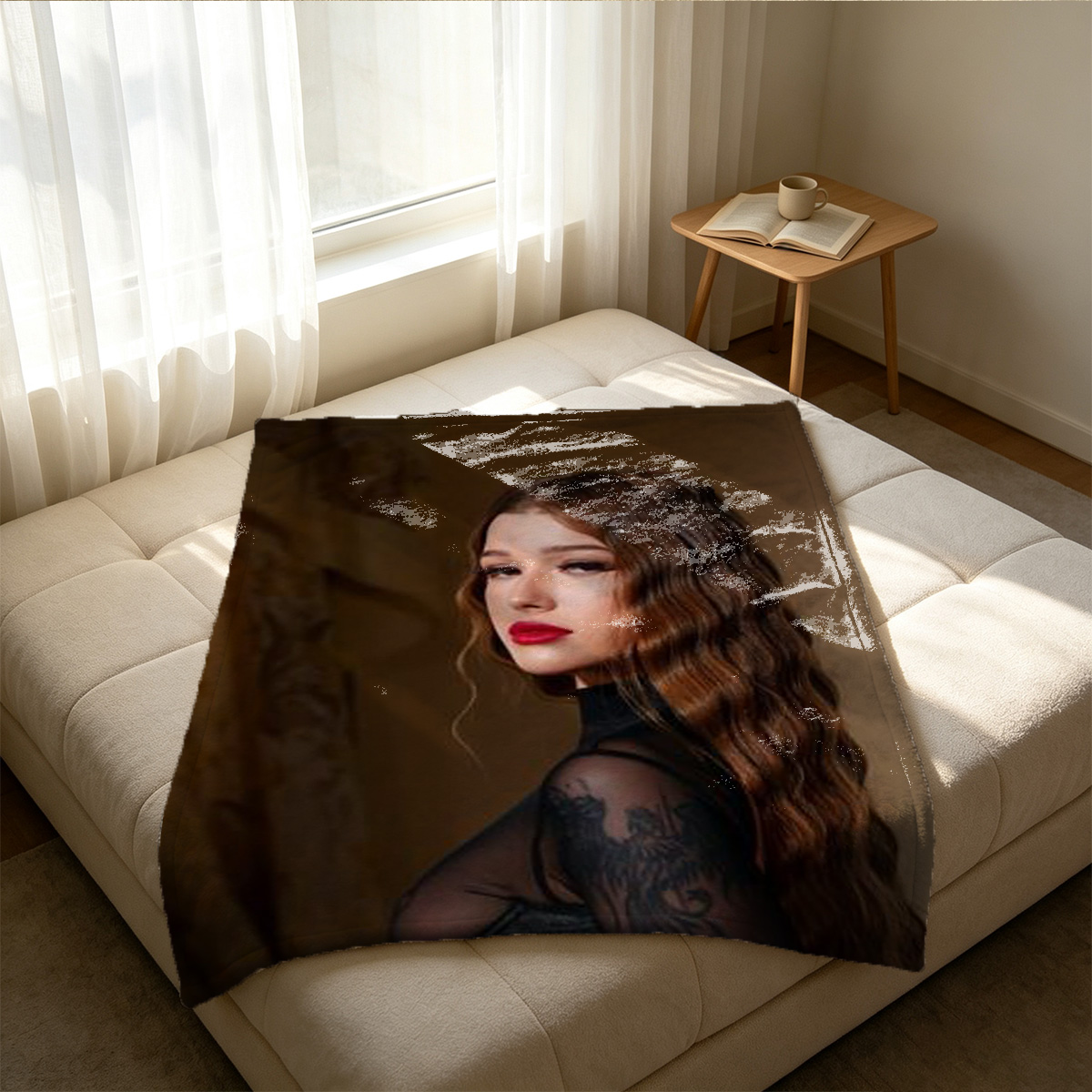 A young Asian woman in black lingerie and sheer stockings crouching seductively in a hallway. - Blanket