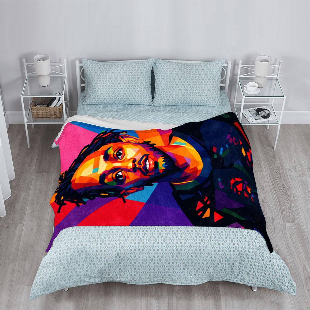 Kendrick Lamar Portrait in Vibrant Geometric Art Style with Colorful Radiant Background - Blankets
