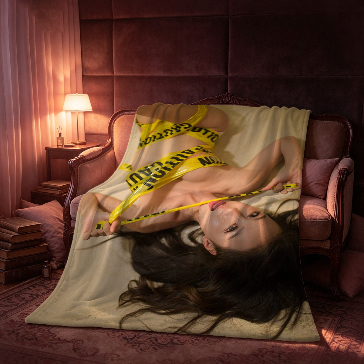 Two Seductive Women in Lingerie Embracing on Couch - Blanket
