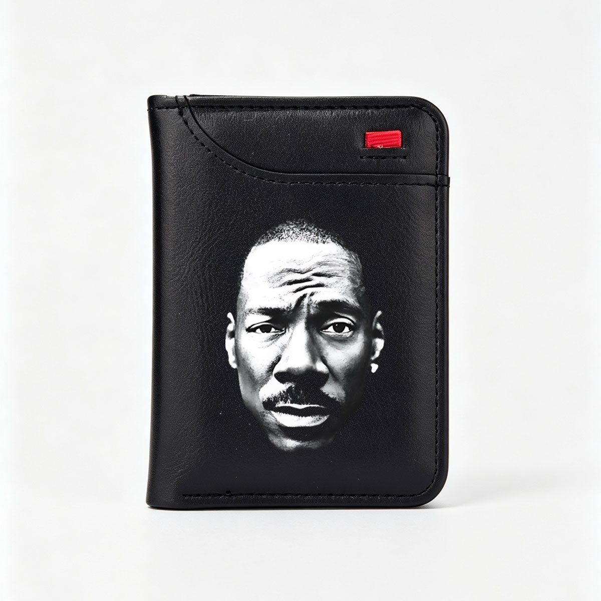 Eddie Murphy in a striking black and white portrait, showcasing his expressive features and iconic mustache. - Vertical Style Wallet