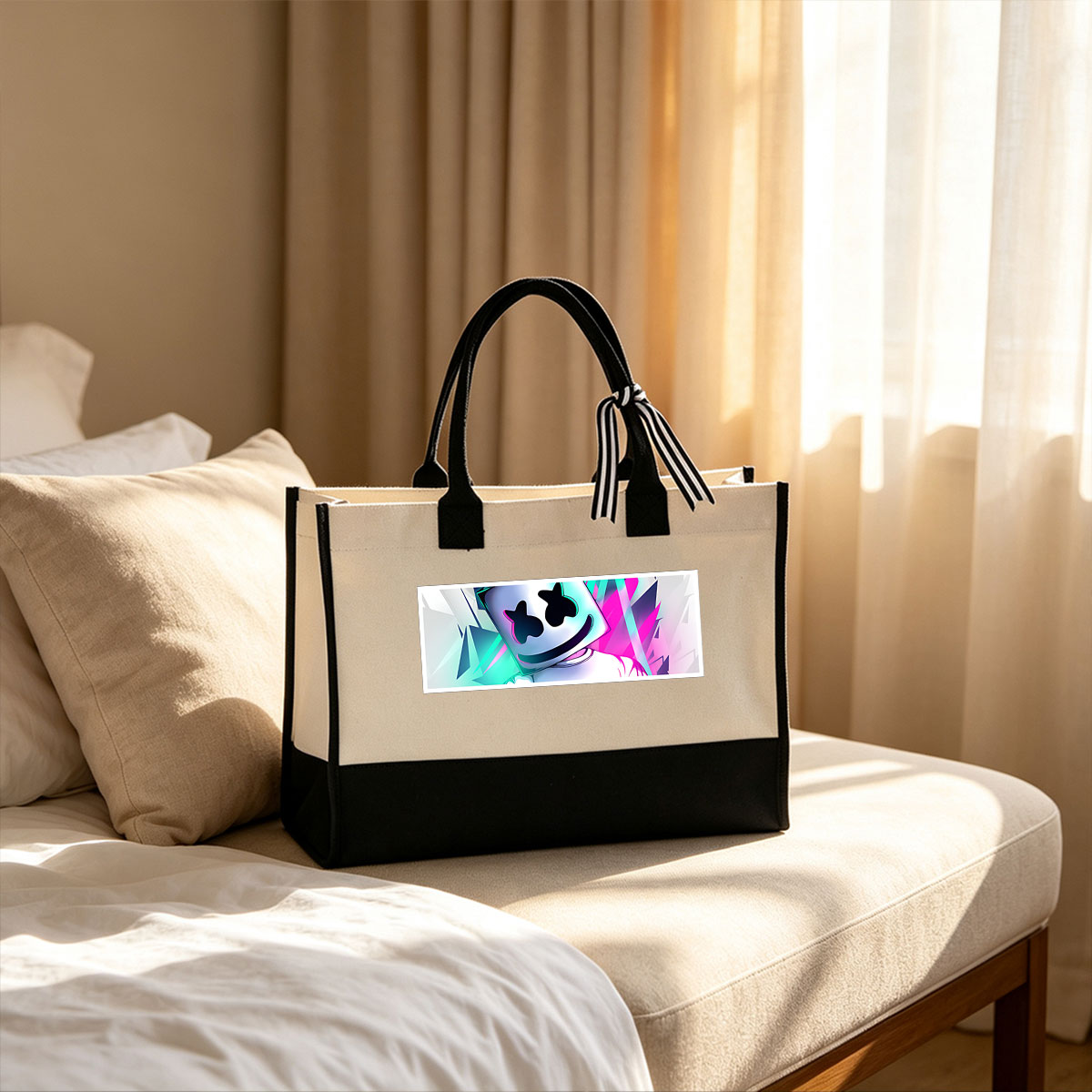 Marshmello in a vibrant, geometric background with neon colors - Canvas patchwork gift tote bag
