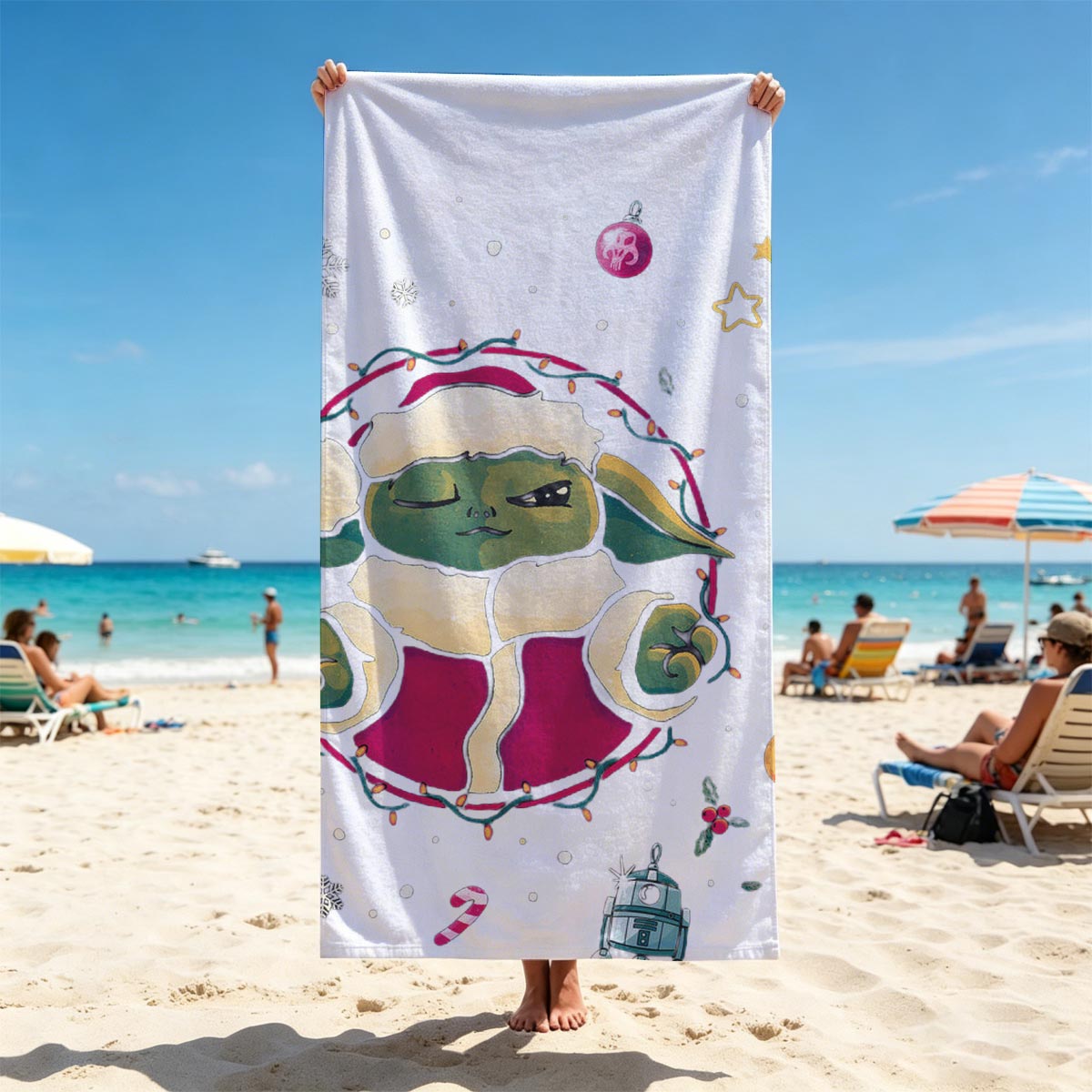 Baby Yoda in Santa Outfit with Star Wars Christmas Ornaments - Beach towels