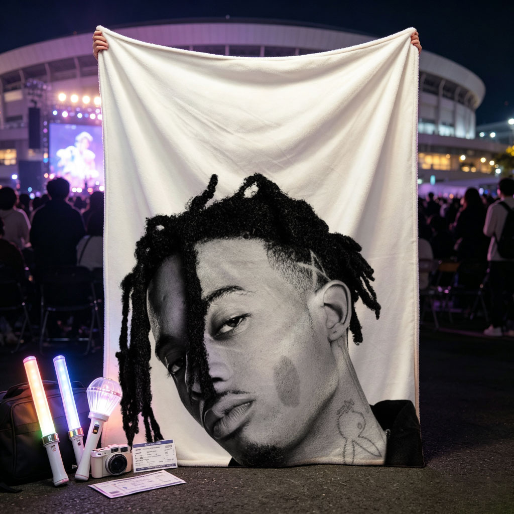 XXXTentacion in a striking black and white portrait with dreadlocks and neck tattoo, captured in a contemplative side profile. - Blankets