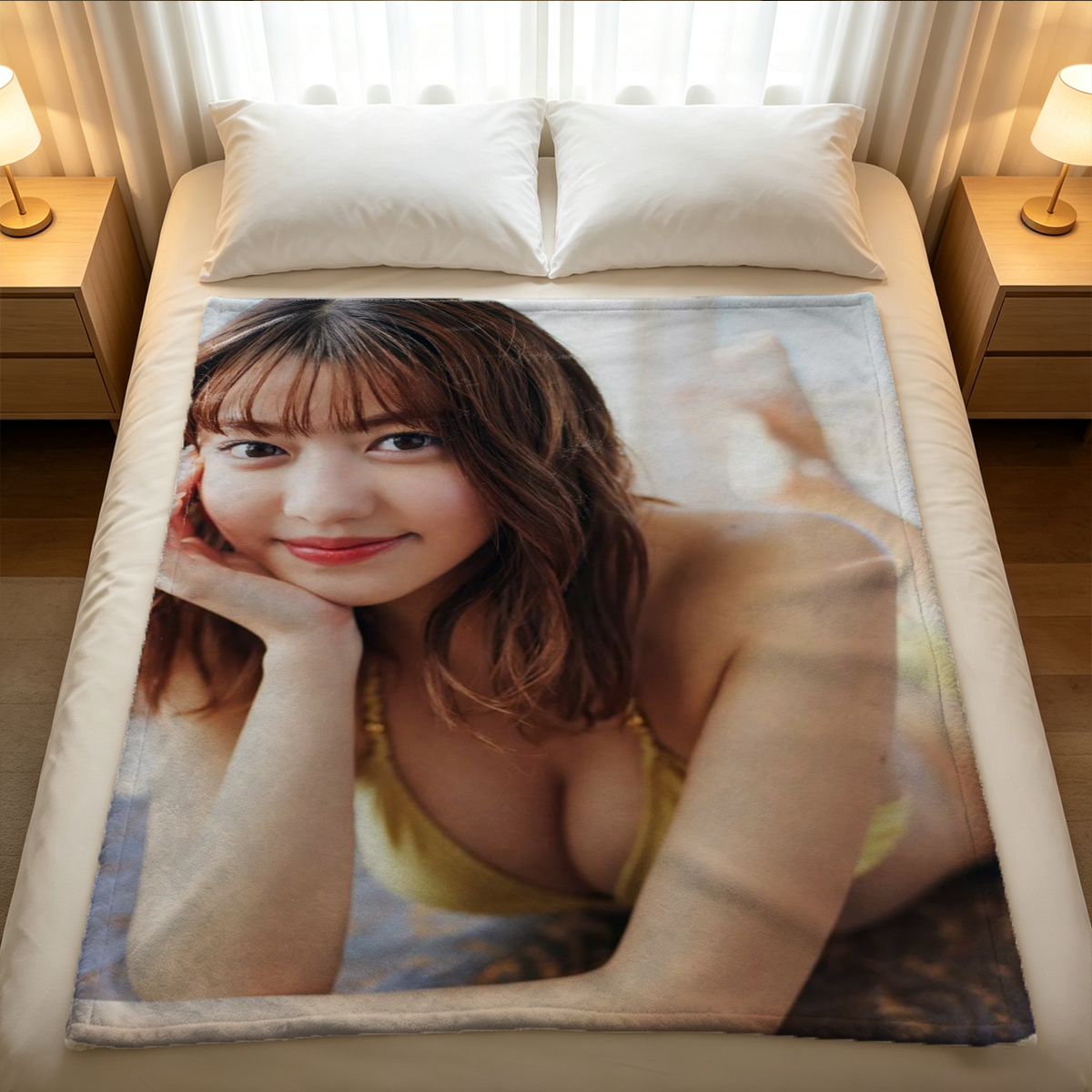 Nude Asian woman in shiny thong posing against wall - Blanket