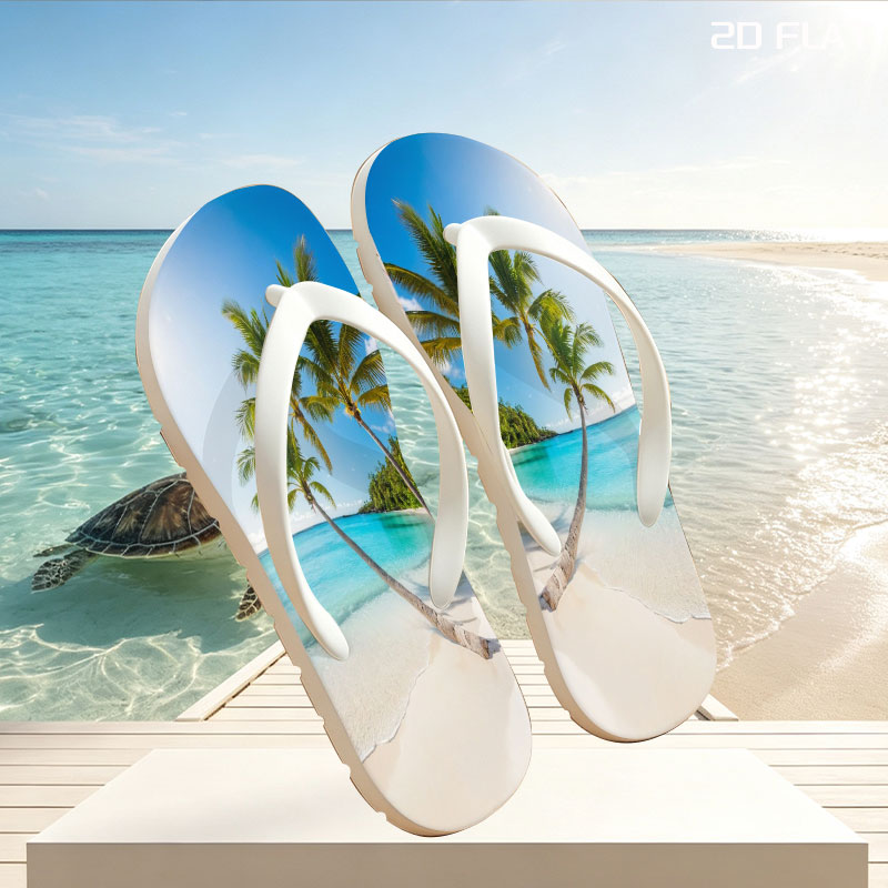 Tropical Beach with Palm Trees and Crystal Clear Water -  flip-flops