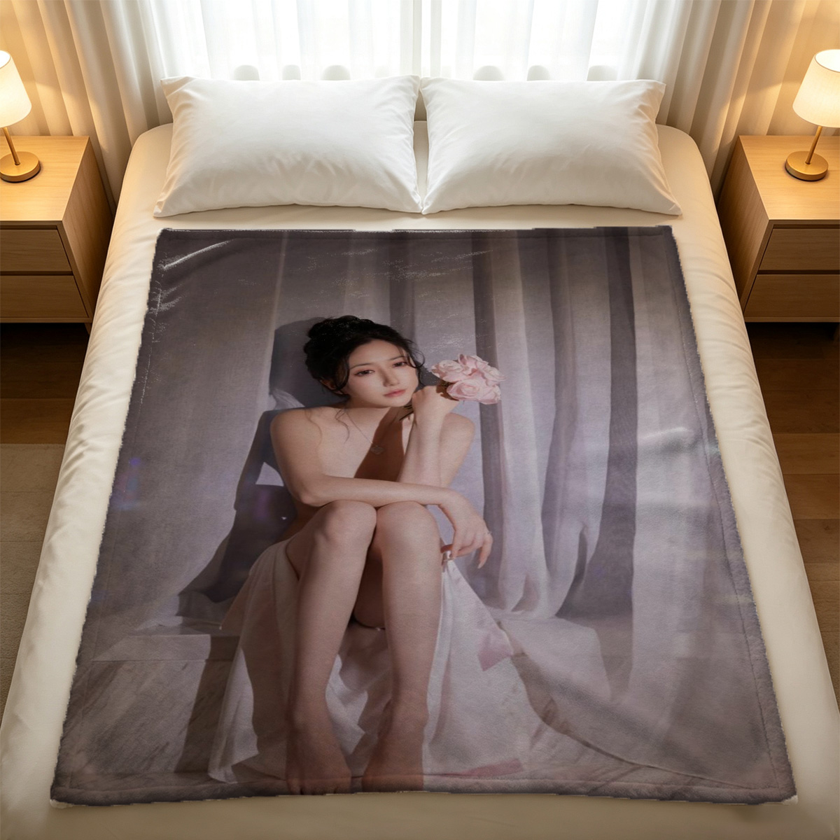 Nude Brunette Posing Under Willow Tree in Meadow - Blanket