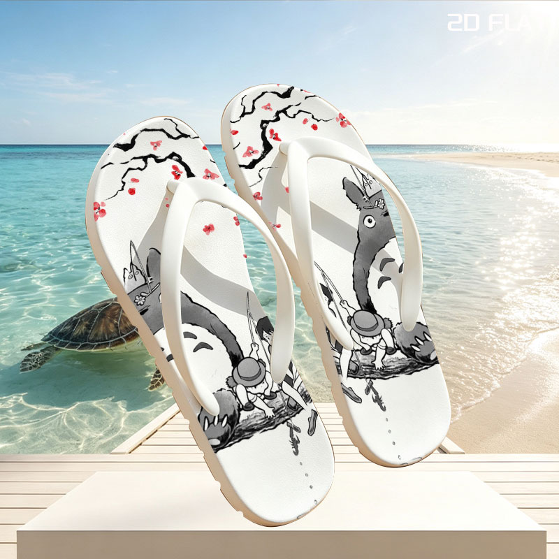 Totoro, Mei, and Satsuki Fishing Under Cherry Blossoms -  flip-flops