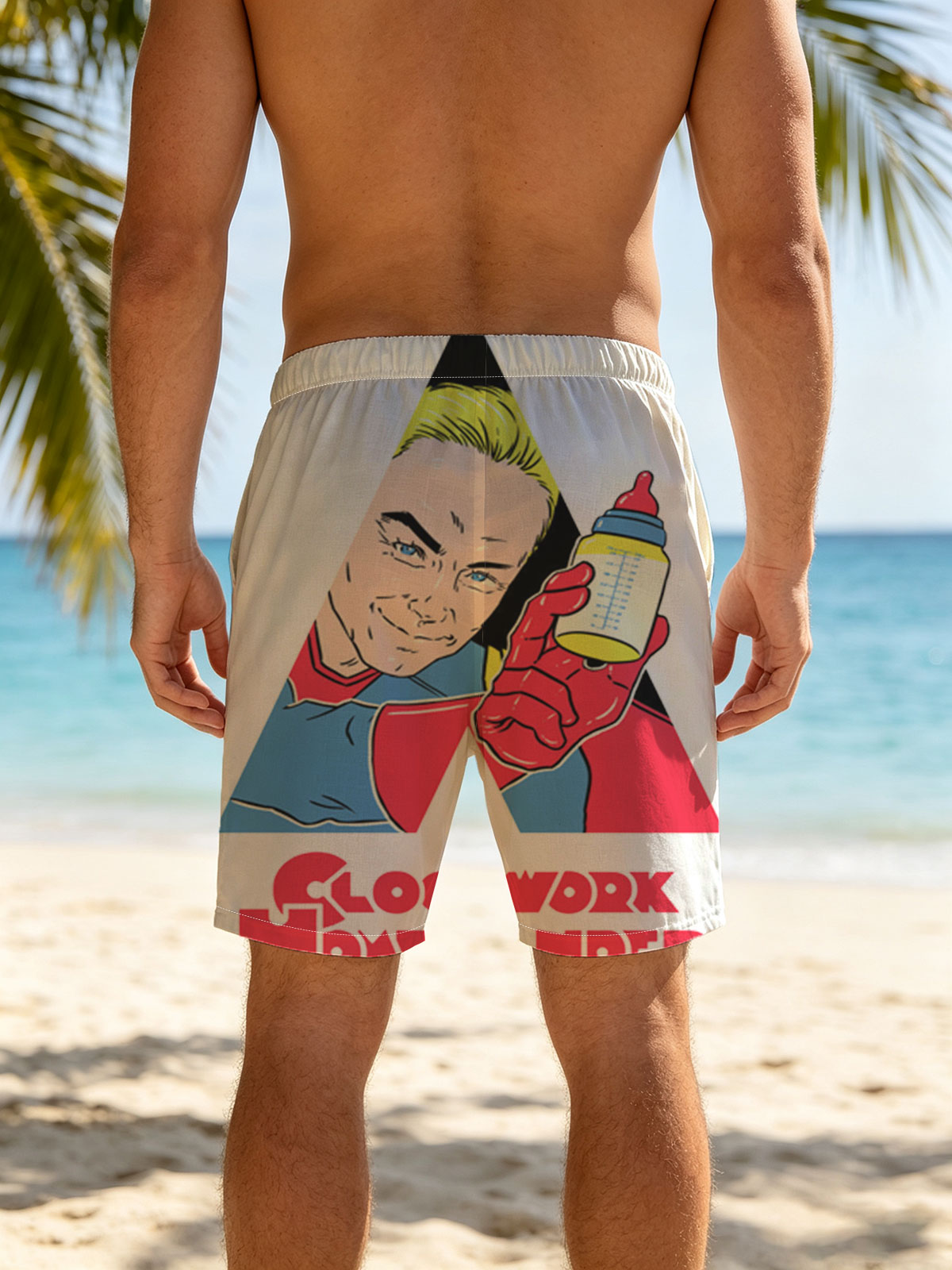 Clockwork Homelander: A Superhero with a Bottle -  Beach shorts