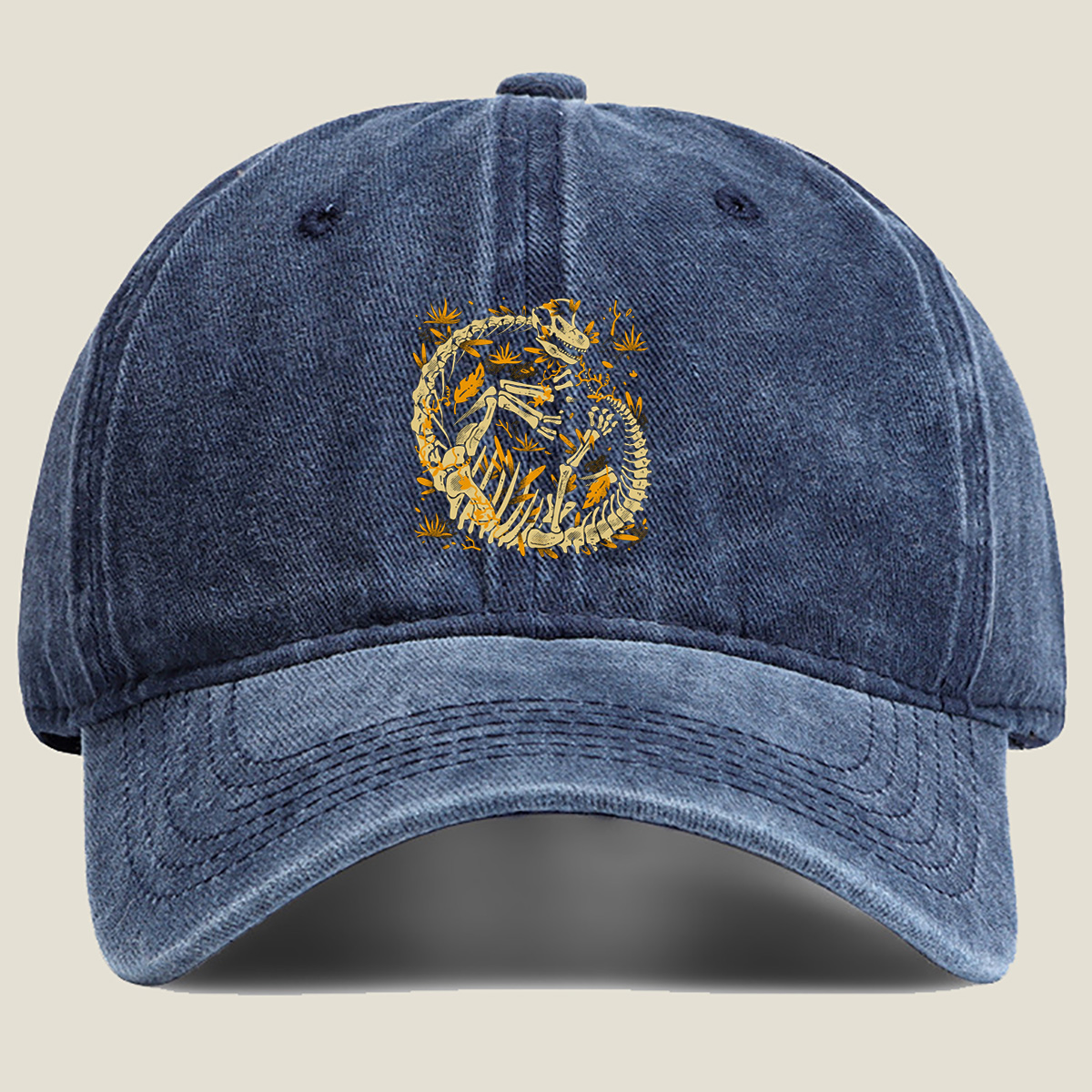 Dinosaur Skeleton Artwork - Washed Denim - Baseball Cap