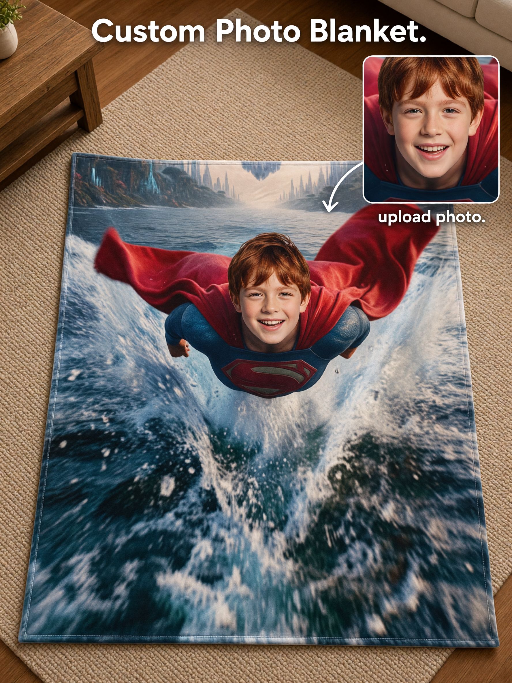 Custom Face Photo Blanket Personalized Superhero Flying Flannel Throw Ideal Birthday Gift for Kids