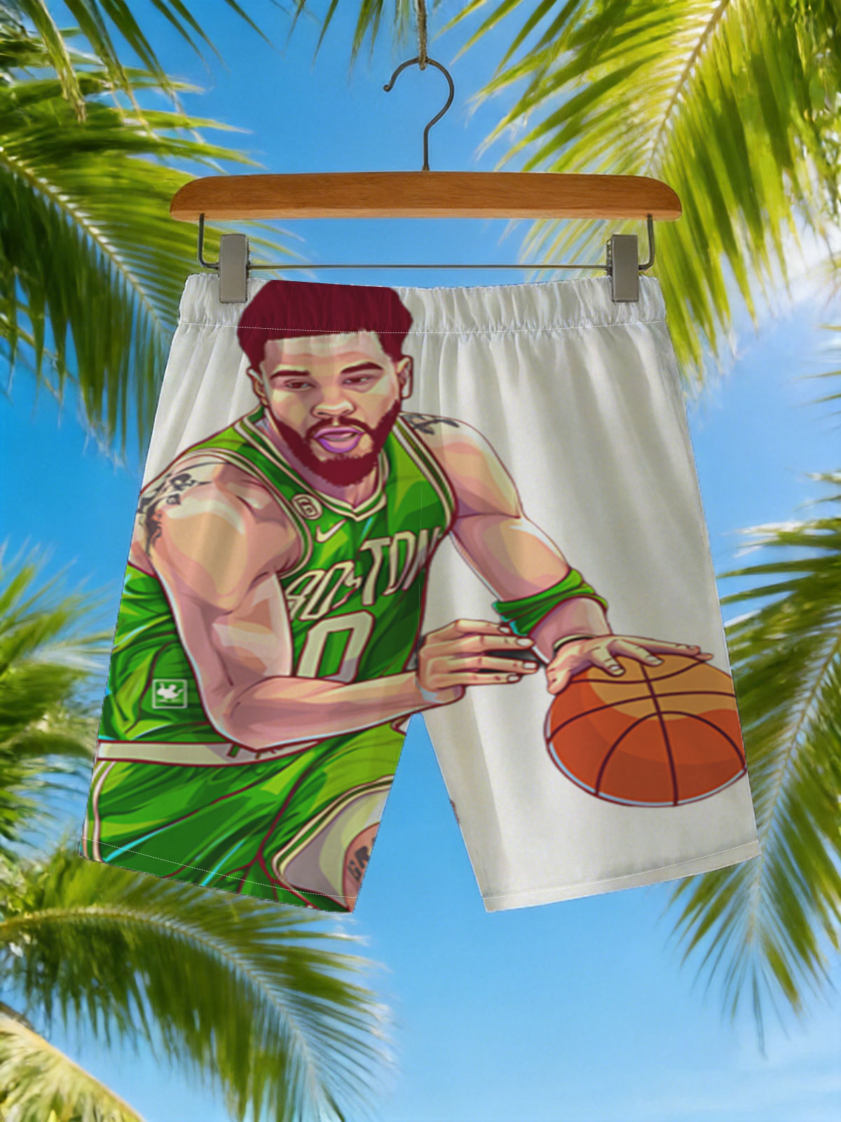 Jayson Tatum in Celtics Jersey Dribbling Basketball -  Beach shorts
