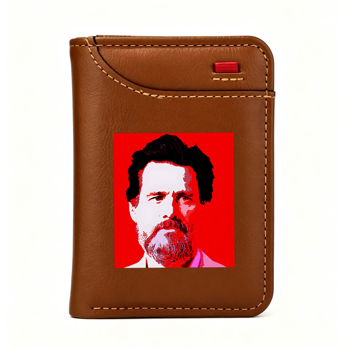 Portrait of a bearded man with intense gaze against red background - Vertical Style Wallet