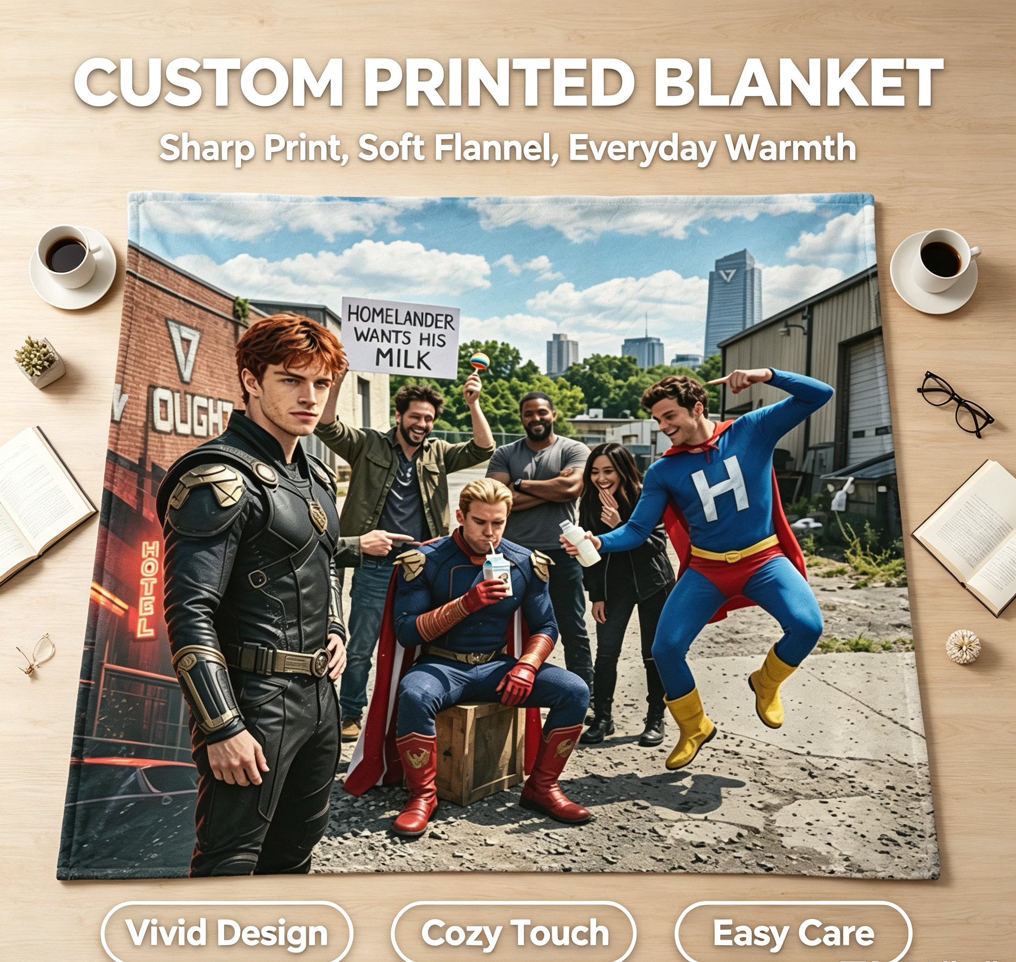 Custom Face Blanket The Boys Homelander and Superhero Team Flannel Blanket Perfect for Fans of the Series Ideal Gift or Giveaway for Comic Book Enthusiasts