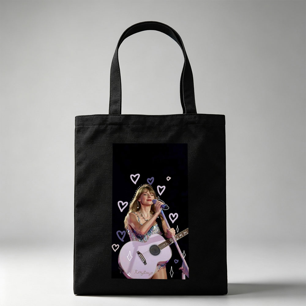 Taylor Swift Performing Live with Acoustic Guitar and Hearts Overlay - Canvas tote bags