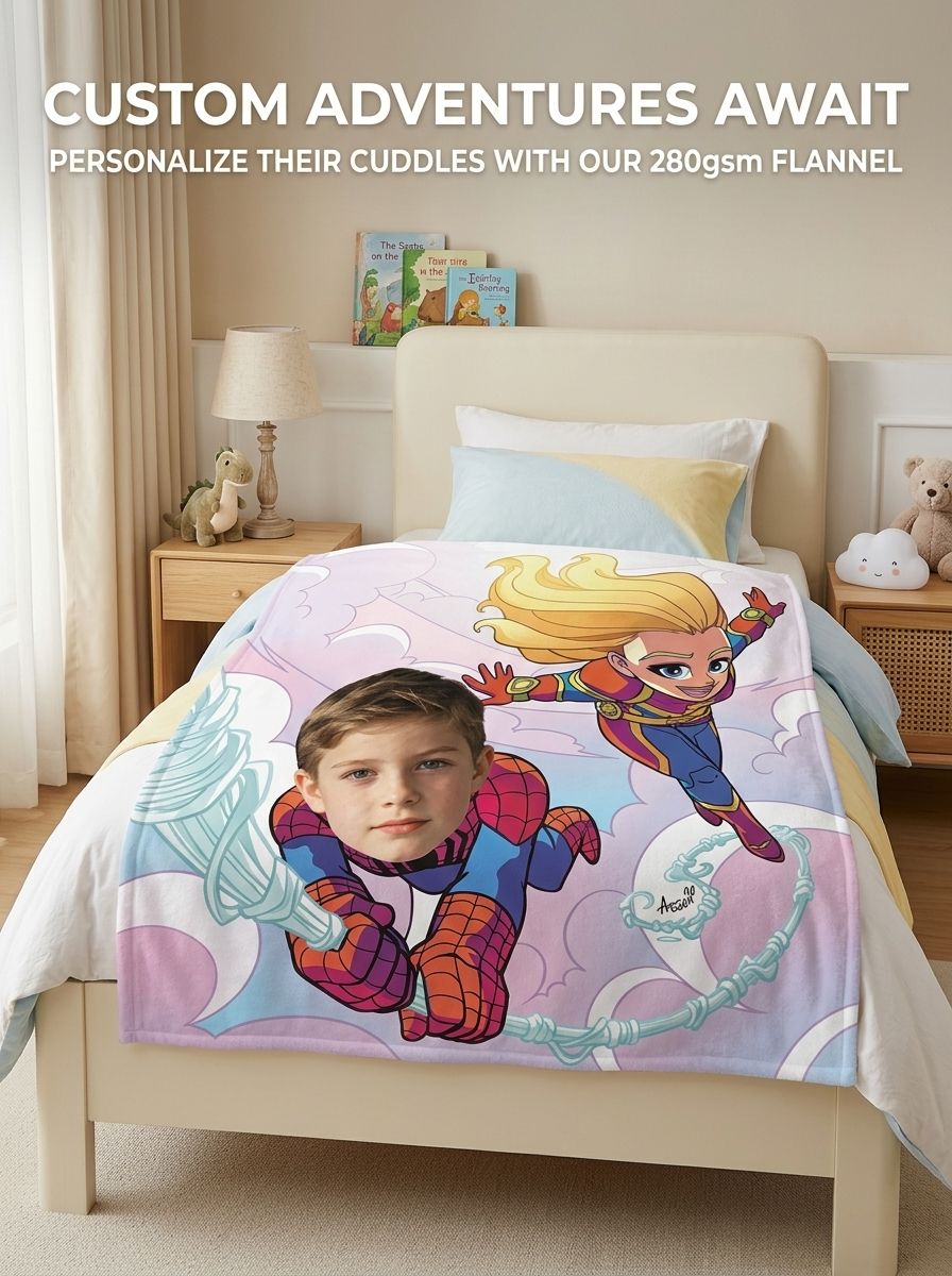 Custom Face Superhero Flannel Blanket, Personalized Photo Soft Plush Fleece Throw for Kids Boys Girls Birthday Gift