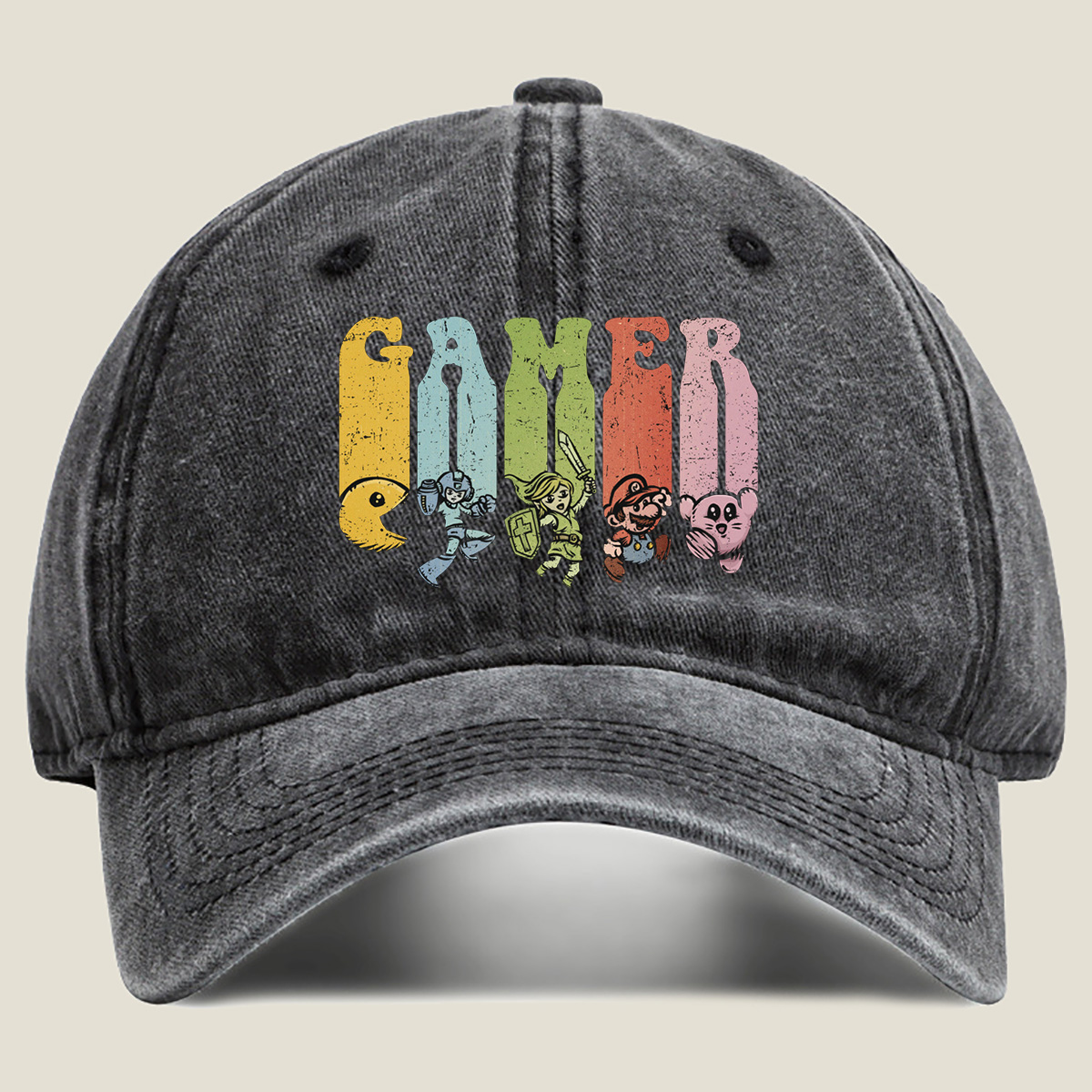 Gamer: Pac-Man, Mega Man, Zelda, Mario, Kirby - Washed Denim - Baseball Cap