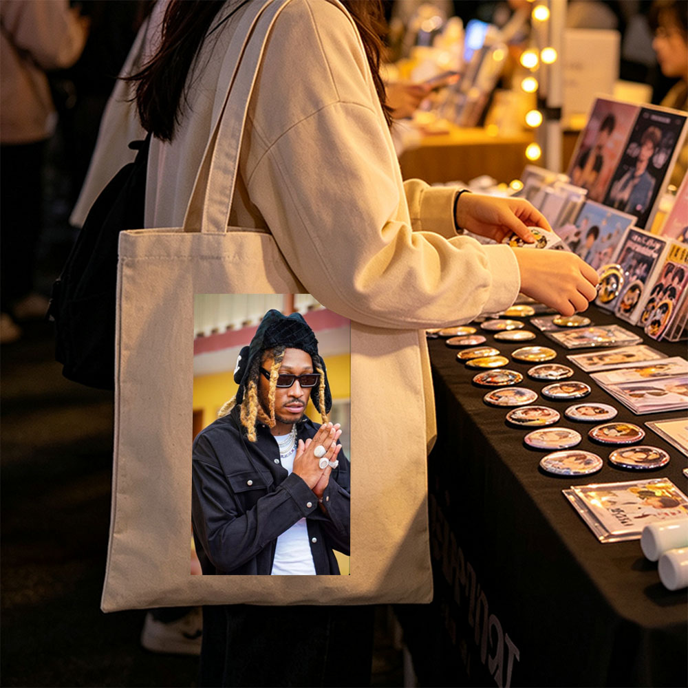 Wiz Khalifa in a stylish urban look with dreadlocks, sunglasses, and layered jewelry, hands clasped in front of a colorful building. - Canvas tote bags