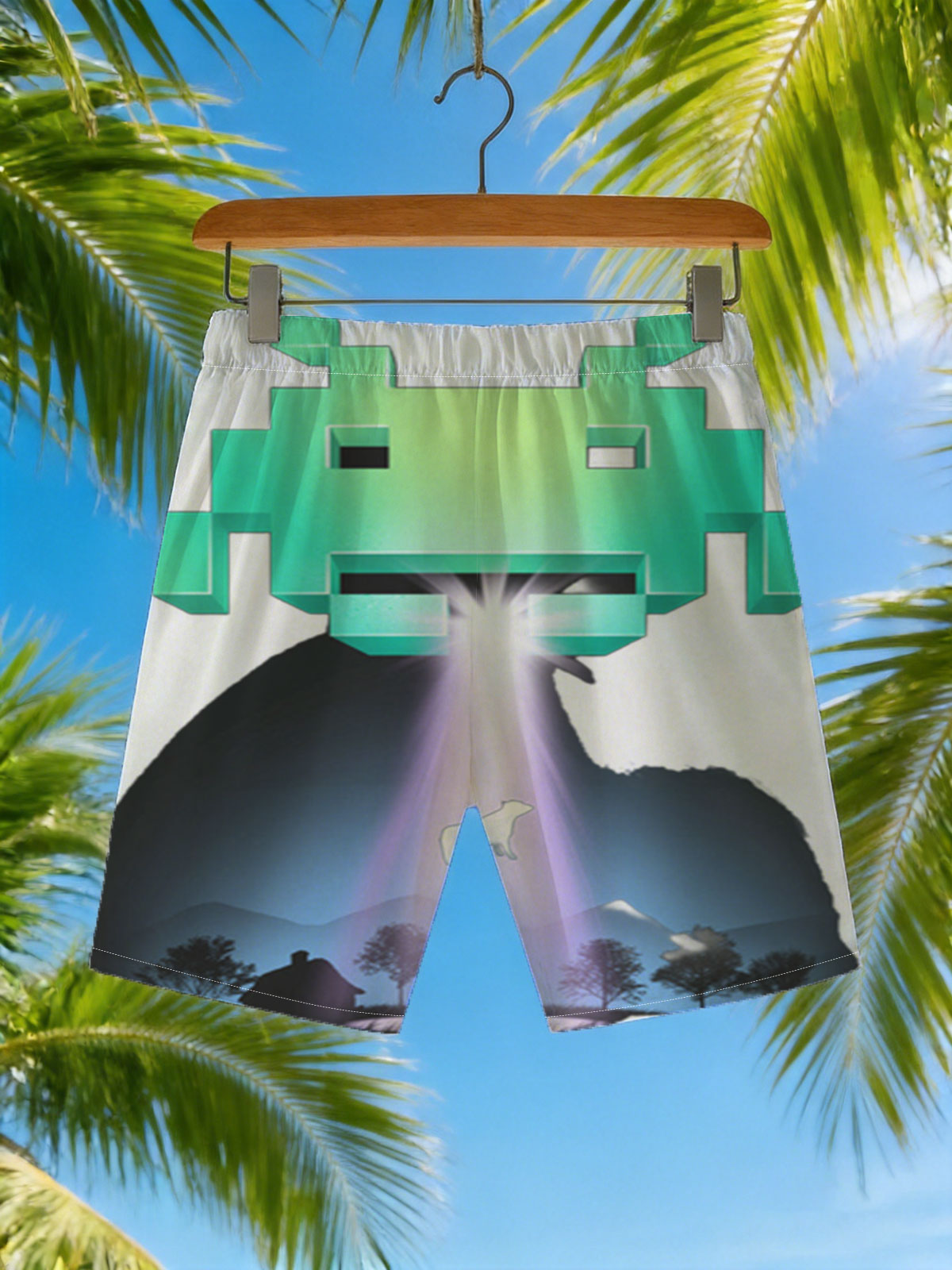Alien Invader and Dog in Beam of Light -  Beach shorts