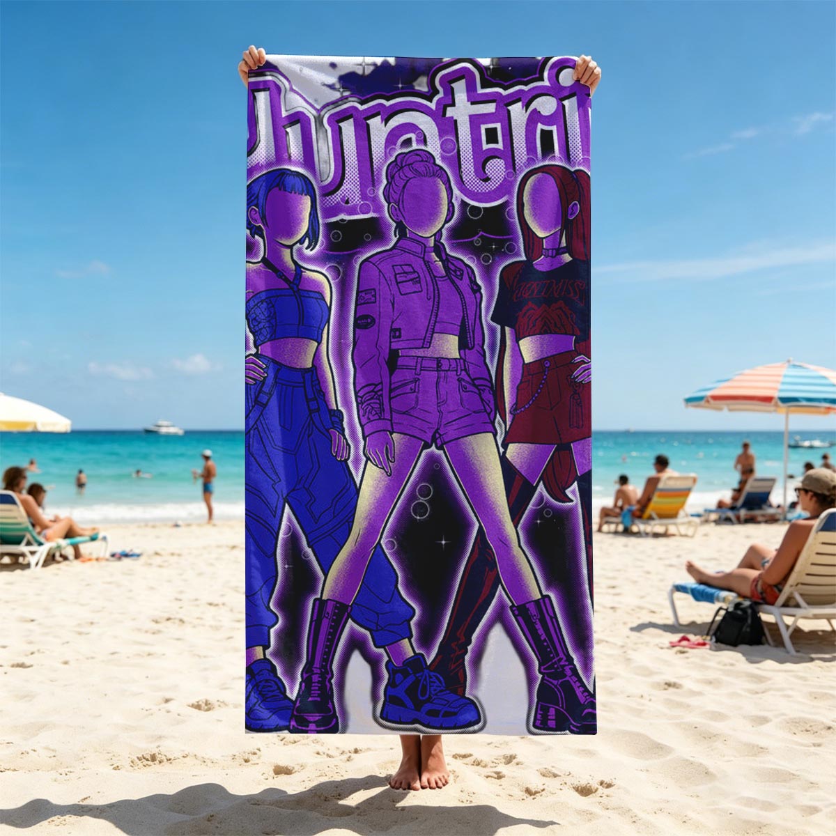 Huntrix: Three Stylish Characters in Vibrant Outfits with Futuristic Aesthetic - Beach towels