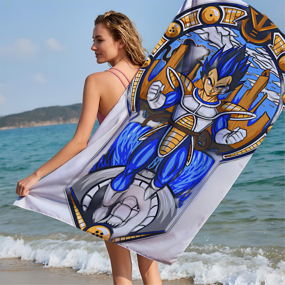 Vegeta in Super Saiyan Blue Form, Dragon Ball Z Character, Stained Glass Art Style - Beach towels