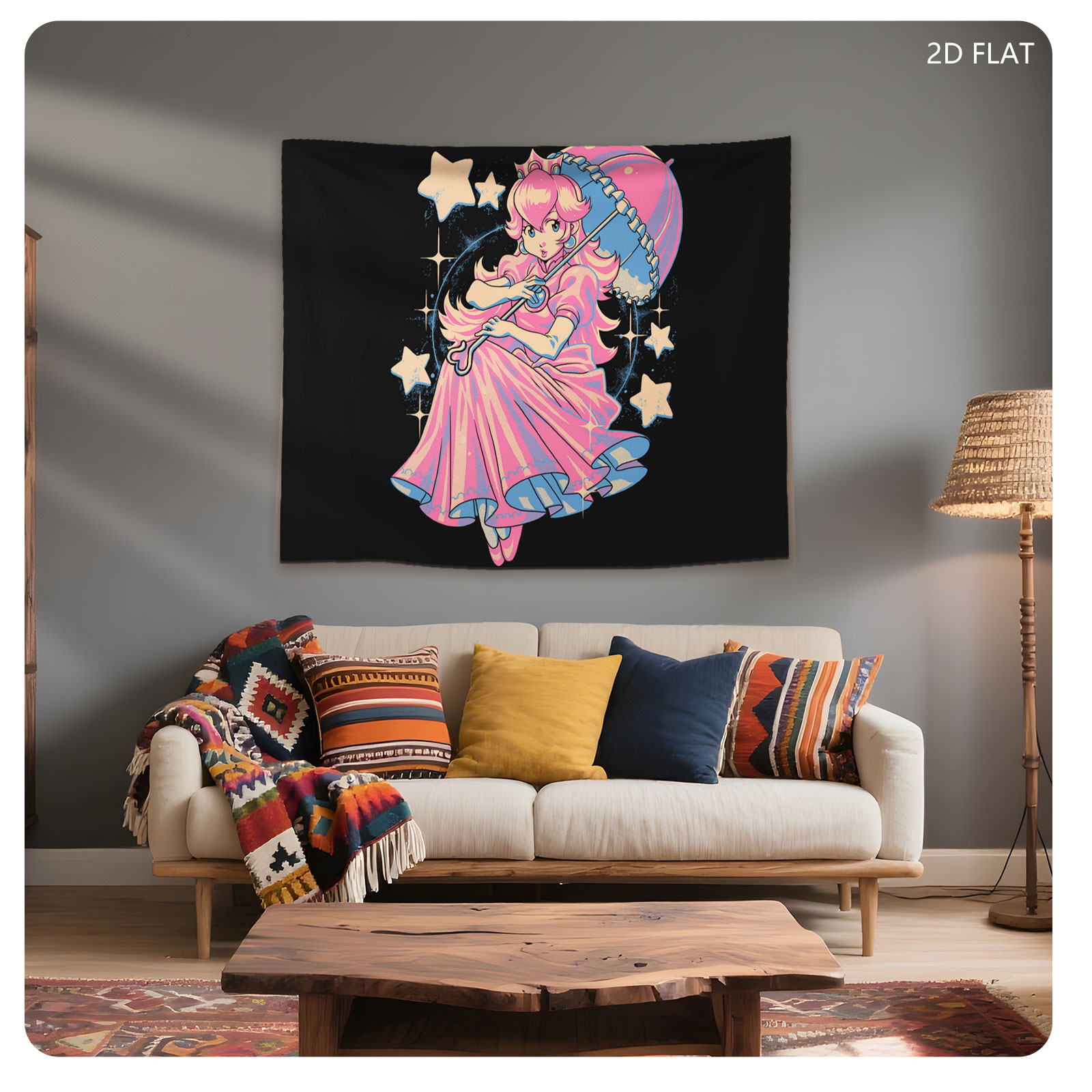 Princess Peach in Pink Gown with Umbrella and Stars - Tapestry