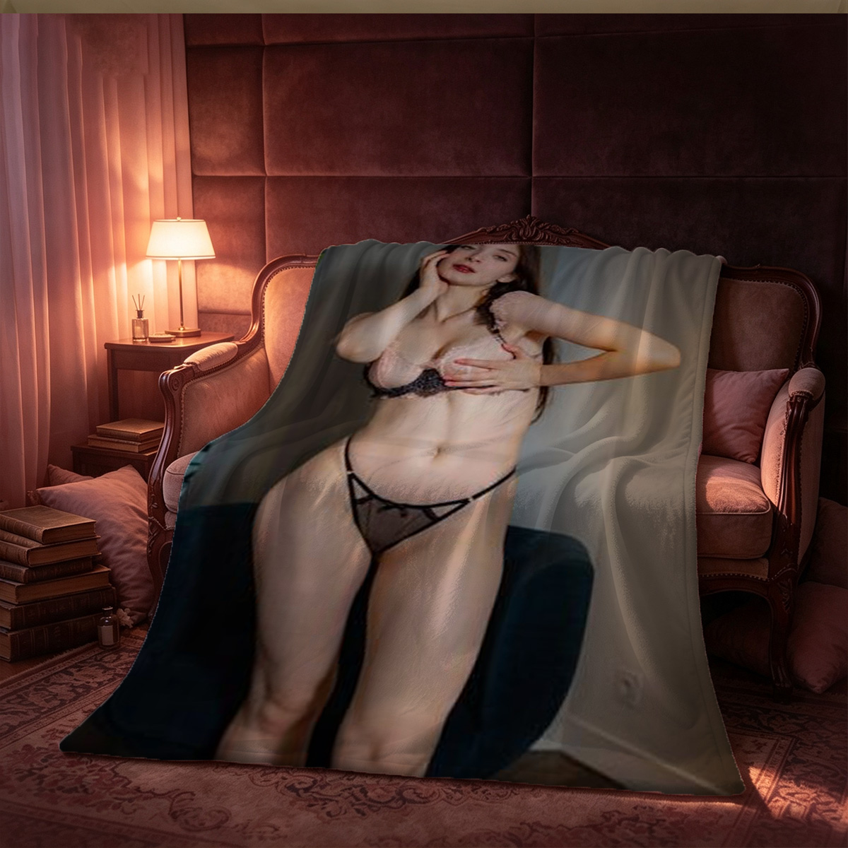 Nude woman with feather in hair posing on bed. - Blanket