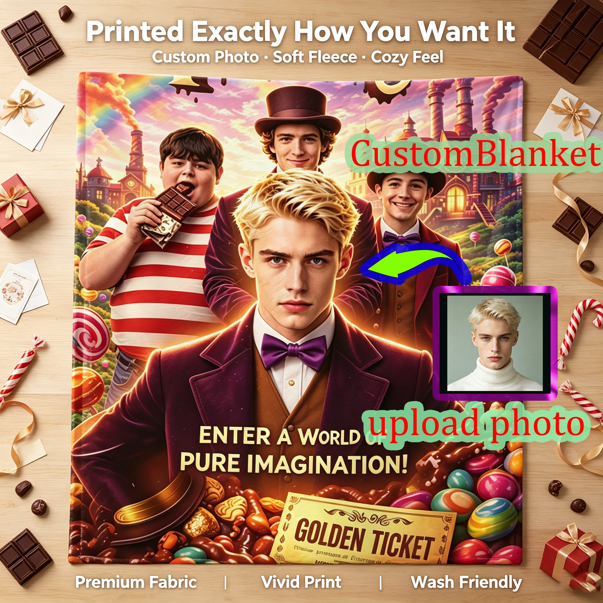 Custom Face Blanket Chocolate Factory Movie Character Flannel Blanket for Kids and Adults – Perfect Gift for Fans of Fantasy Movies and Imaginative Adventures